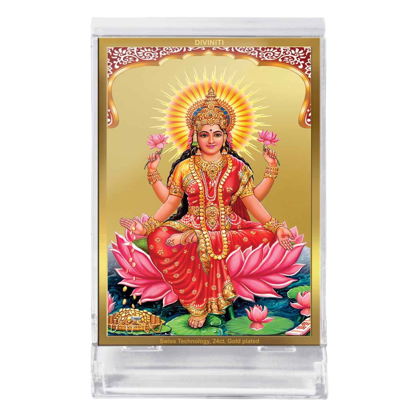 Diviniti 24K Gold Plated Foil Goddess Lakshmi Frame For Car Dashboard, Home Decor, Puja and Gift (11 x 6.8 CM)