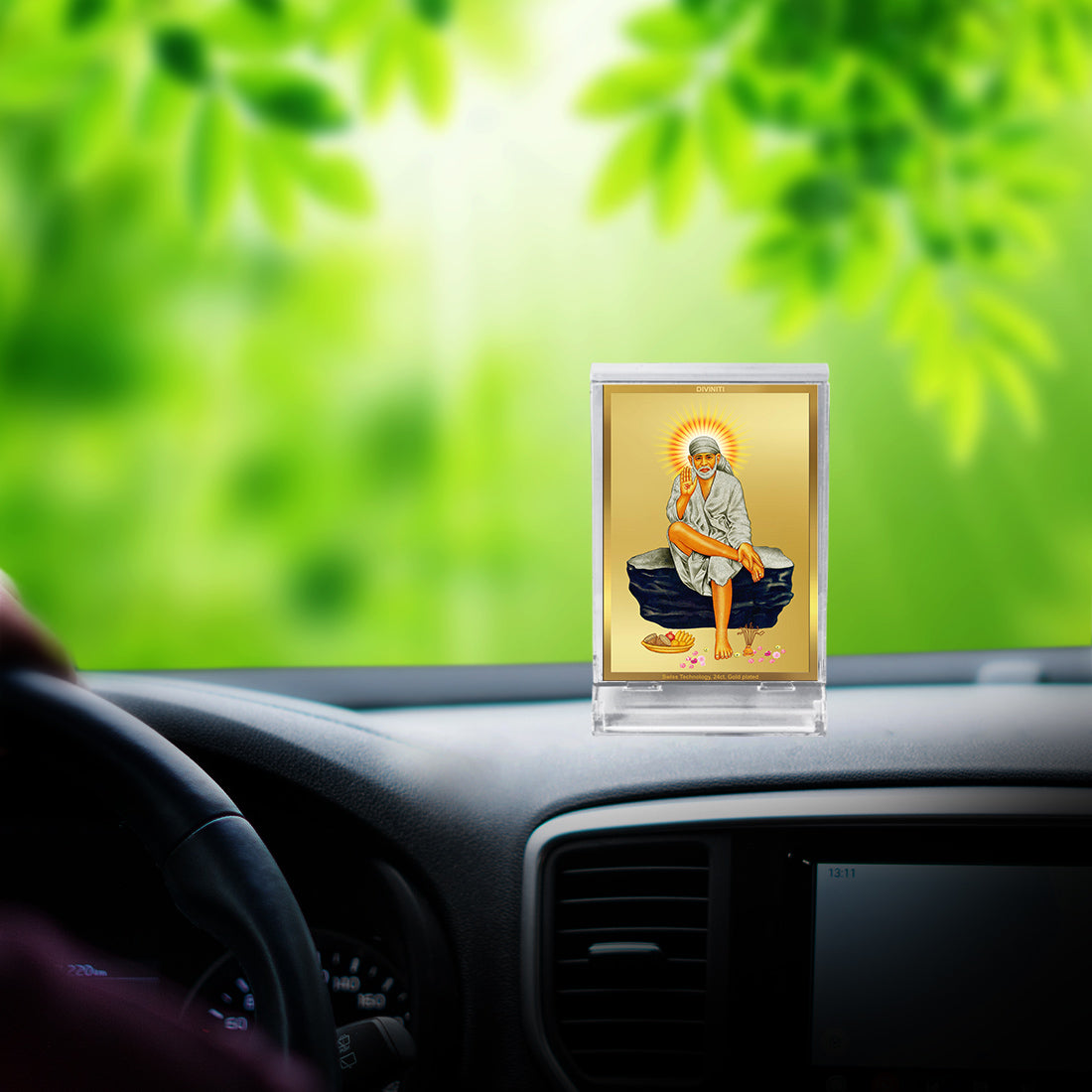 Diviniti 24K Gold Plated Sai Baba Frame For Car Dashboard, Home Decor, Tabletop and Gift (11 x 6.8 CM)