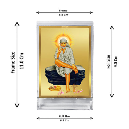 Diviniti 24K Gold Plated Sai Baba Frame For Car Dashboard, Home Decor, Tabletop and Gift (11 x 6.8 CM)