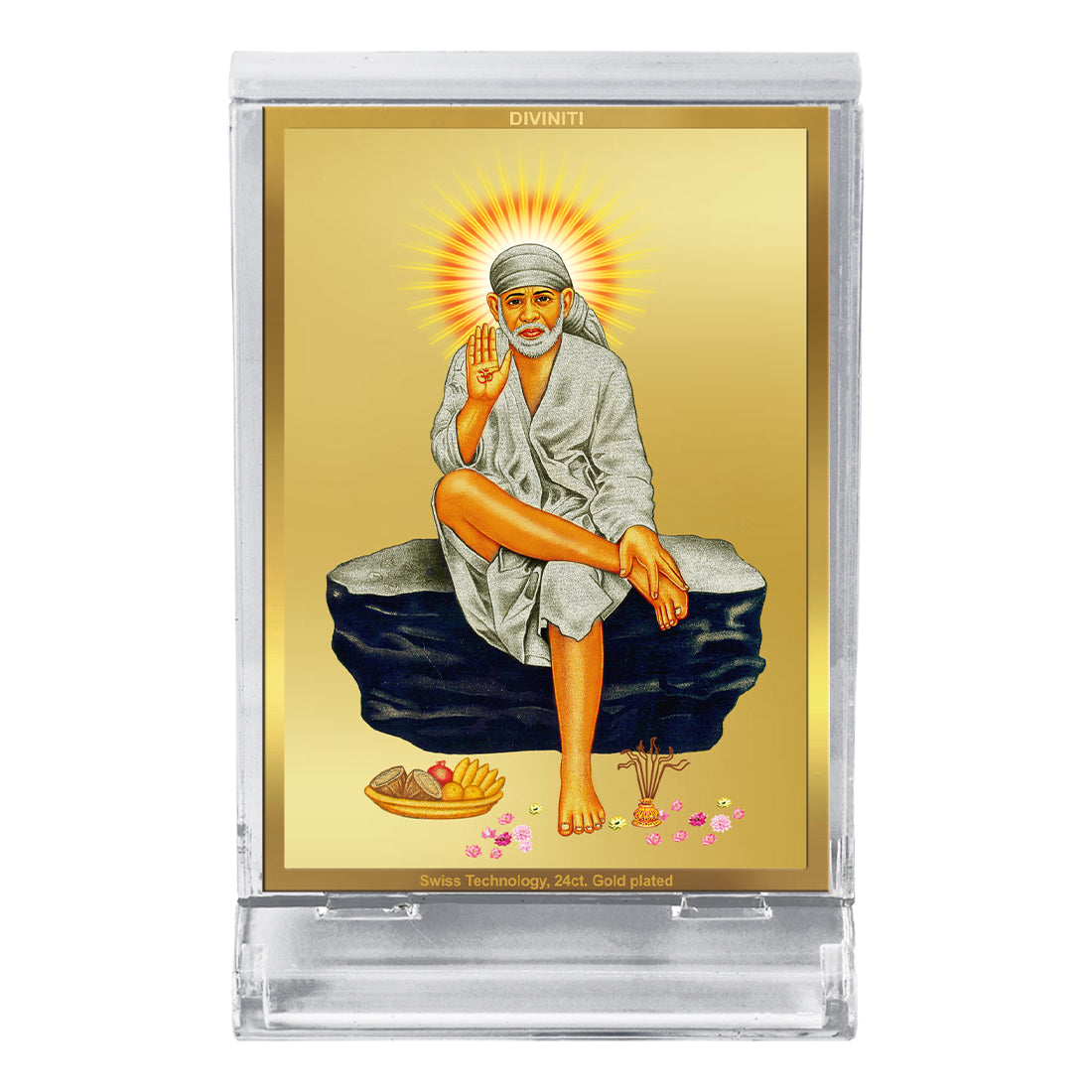 Diviniti 24K Gold Plated Sai Baba Frame For Car Dashboard, Home Decor, Tabletop and Gift (11 x 6.8 CM)