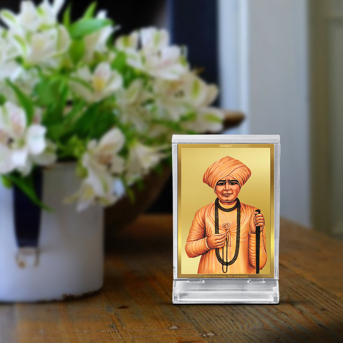 Diviniti 24K Gold Plated Jalaram Bapa Frame For Car Dashboard, Home Decor, Table, Gift (11 x 6.8 CM)