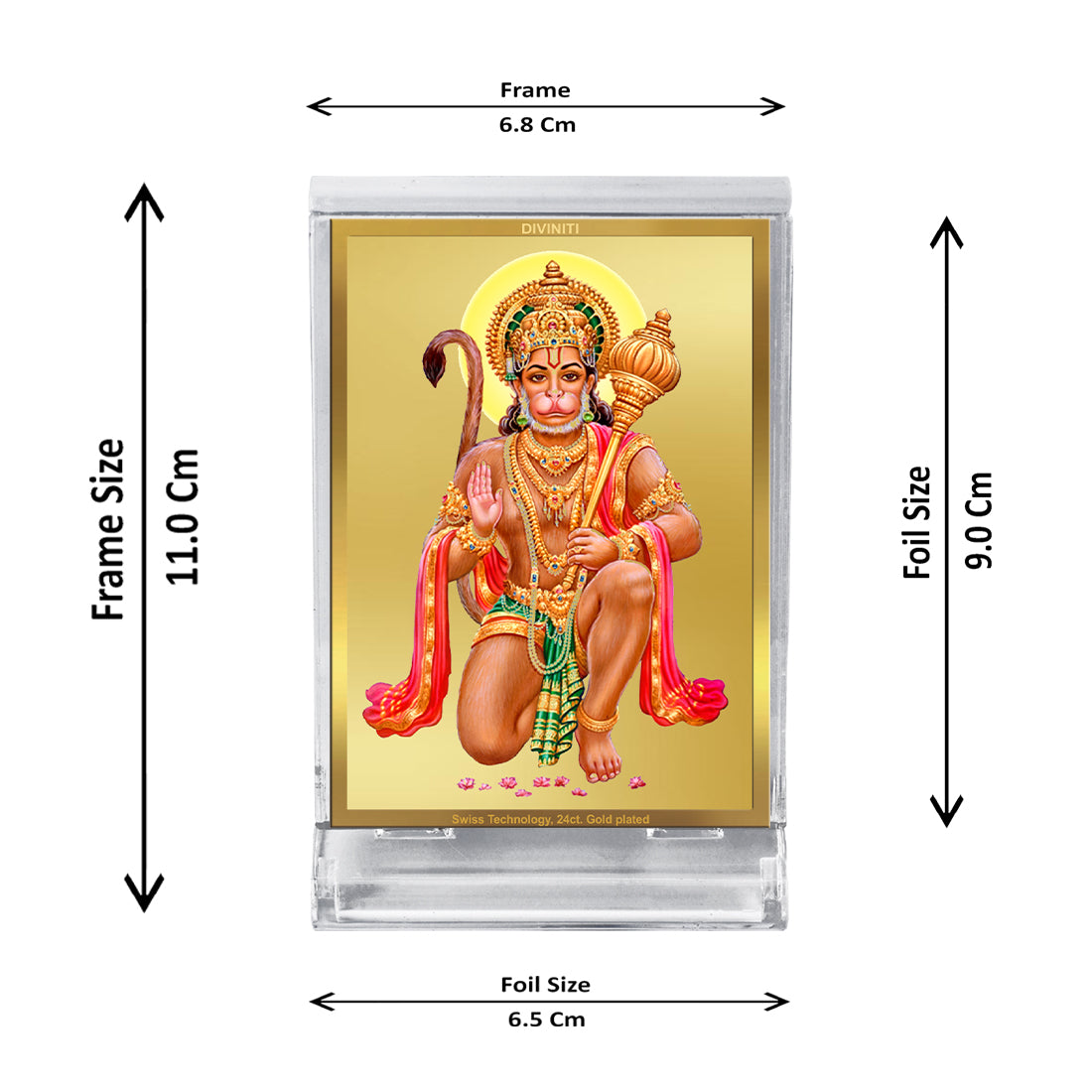 Diviniti 24K Gold Plated Lord Hanuman Frame For Car Dashboard, Home Decor, Table Top, Festival Gift (11 x 6.8 CM)