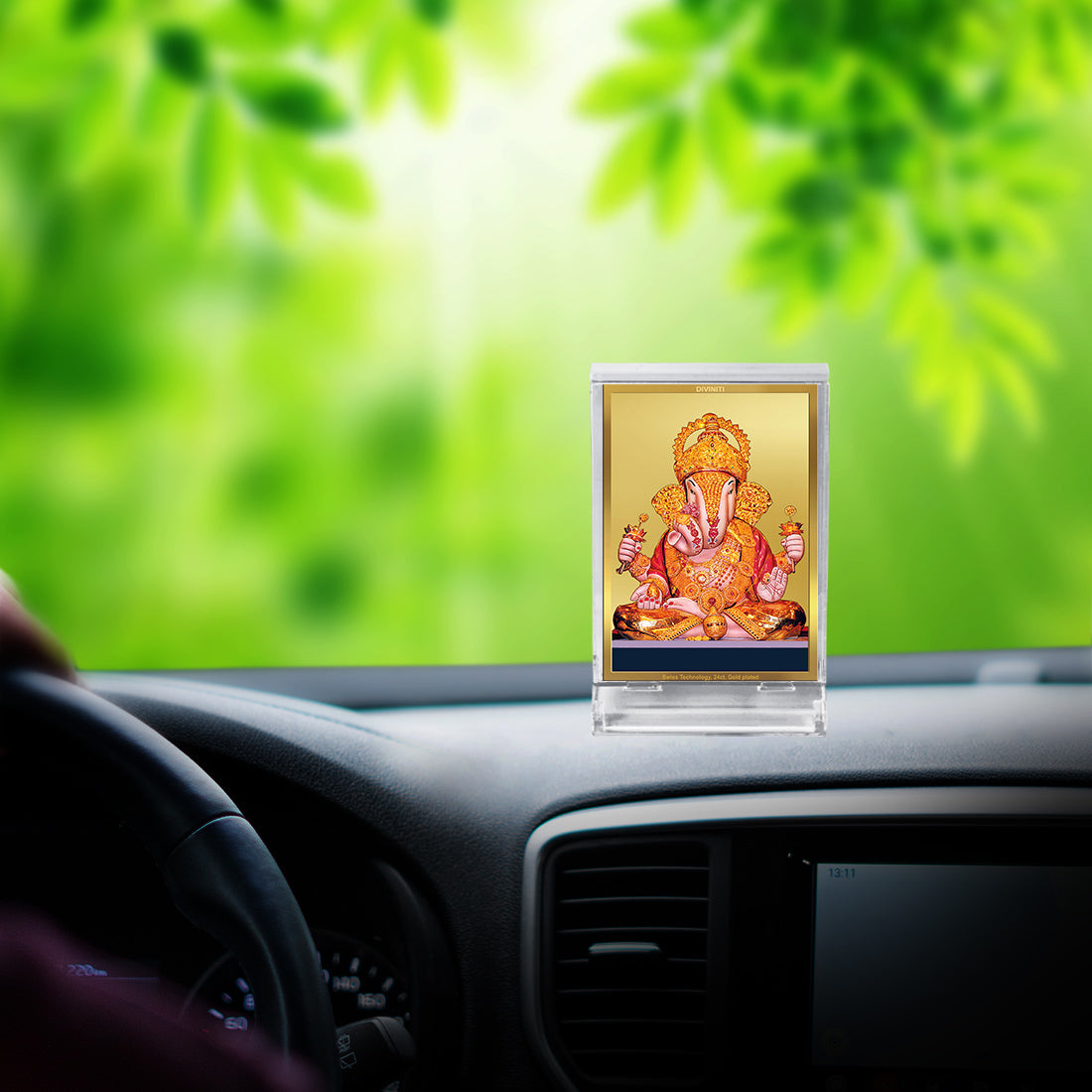 Diviniti 24K Gold Plated Dagdusheth Ganpati Frame For Car Dashboard, Home Decor, Table Top, Gift (11 x 6.8 CM)