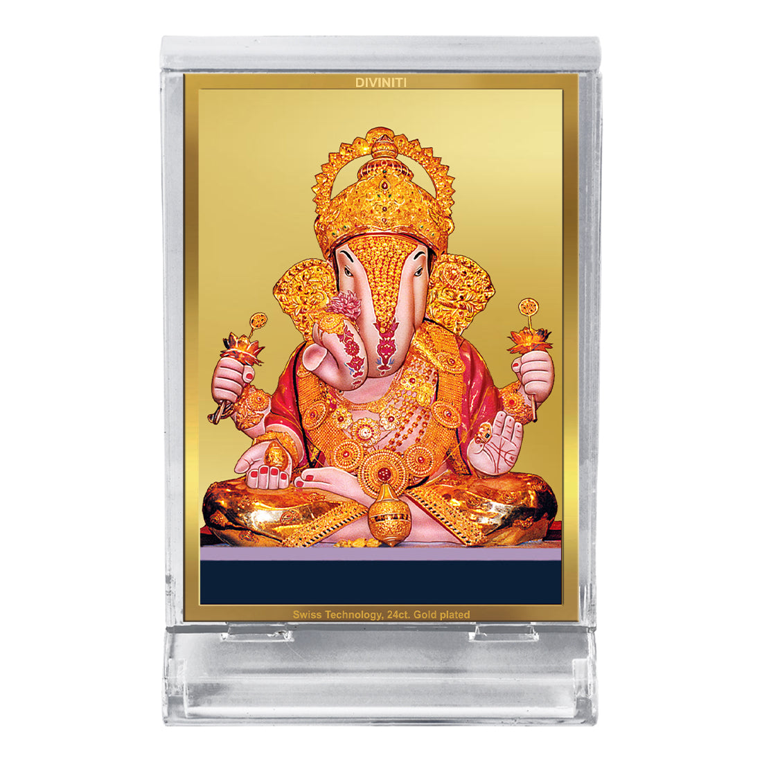 Diviniti 24K Gold Plated Dagdusheth Ganpati Frame For Car Dashboard, Home Decor, Table Top, Gift (11 x 6.8 CM)