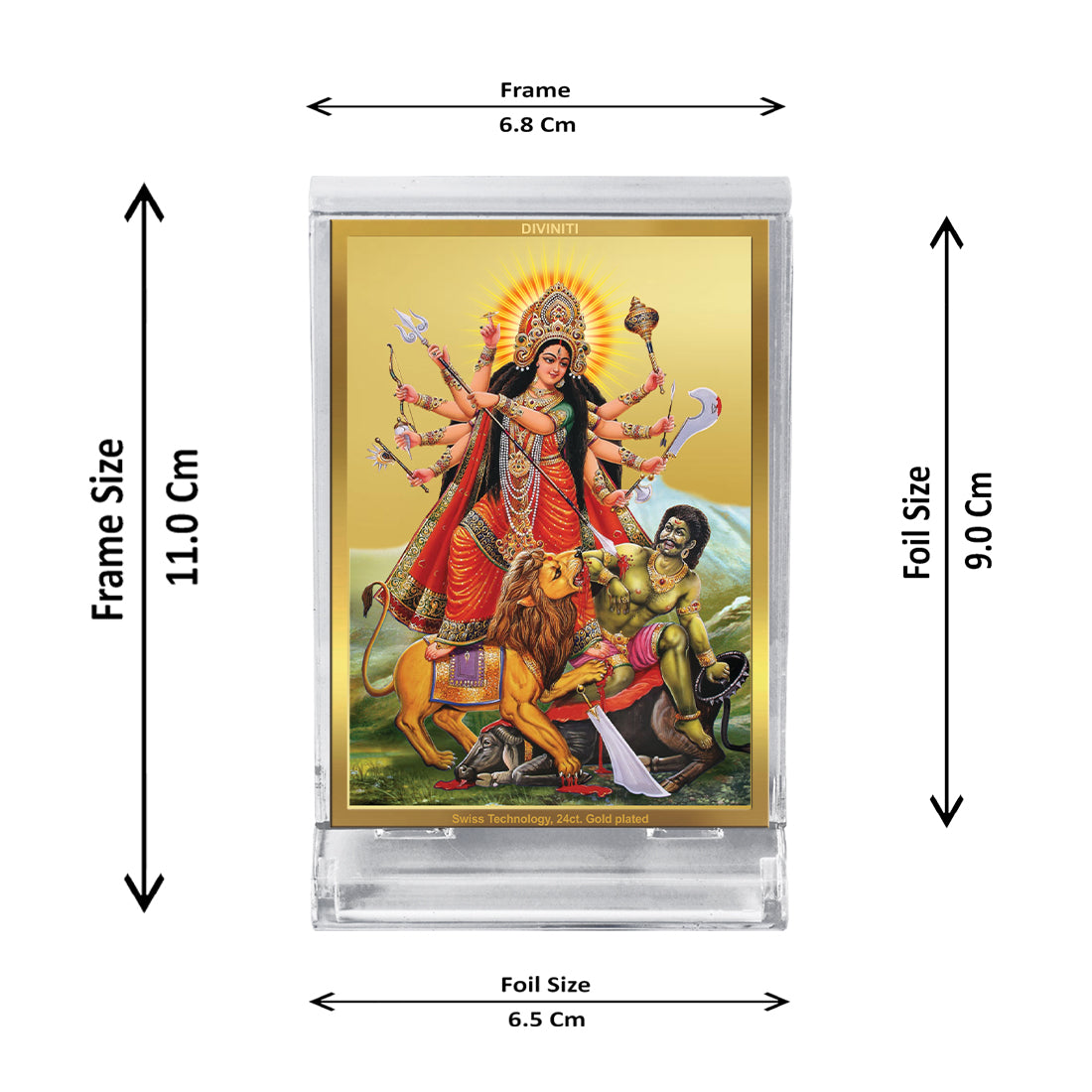 DIVINITI 24K Gold Plated Durga-2 Frame For Car Dashboard, Home Decor, Puja, Festival Gift (ACF 3)(11 x 6.8 CM)