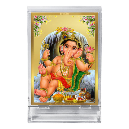 Diviniti 24K Gold Plated Bal Ganesha Frame For Car Dashboard, Home Decor, Table Top & Gift (11 x 6.8 CM)