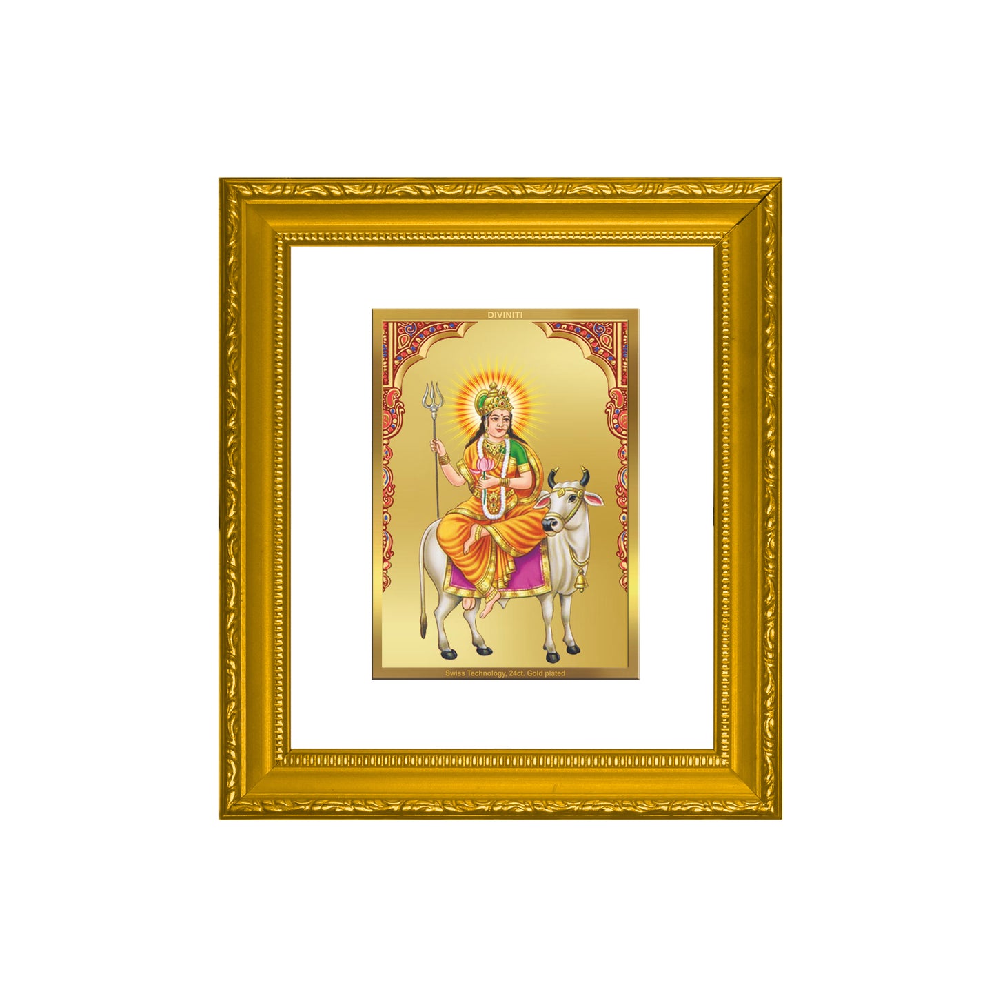 DIVINITI 24K Gold Plated Foil Shailputri Mata Wall Photo Frame Religious Photo Frame Idol for Home & Office Decor Prayer, Gifts Items DG 101 Size 1 (15.3x14.9 CM)