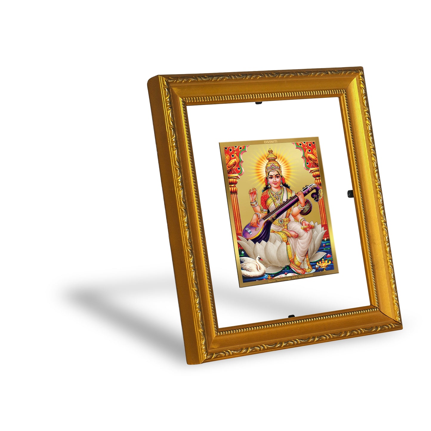 DIVINITI 24K Gold Plated Foil Saraswati Wall Photo Frame Religious Photo Frame Idol for Home & Office Decor Prayer, Gifts Items DG 101 Size 1 (15.3x14.9 CM)