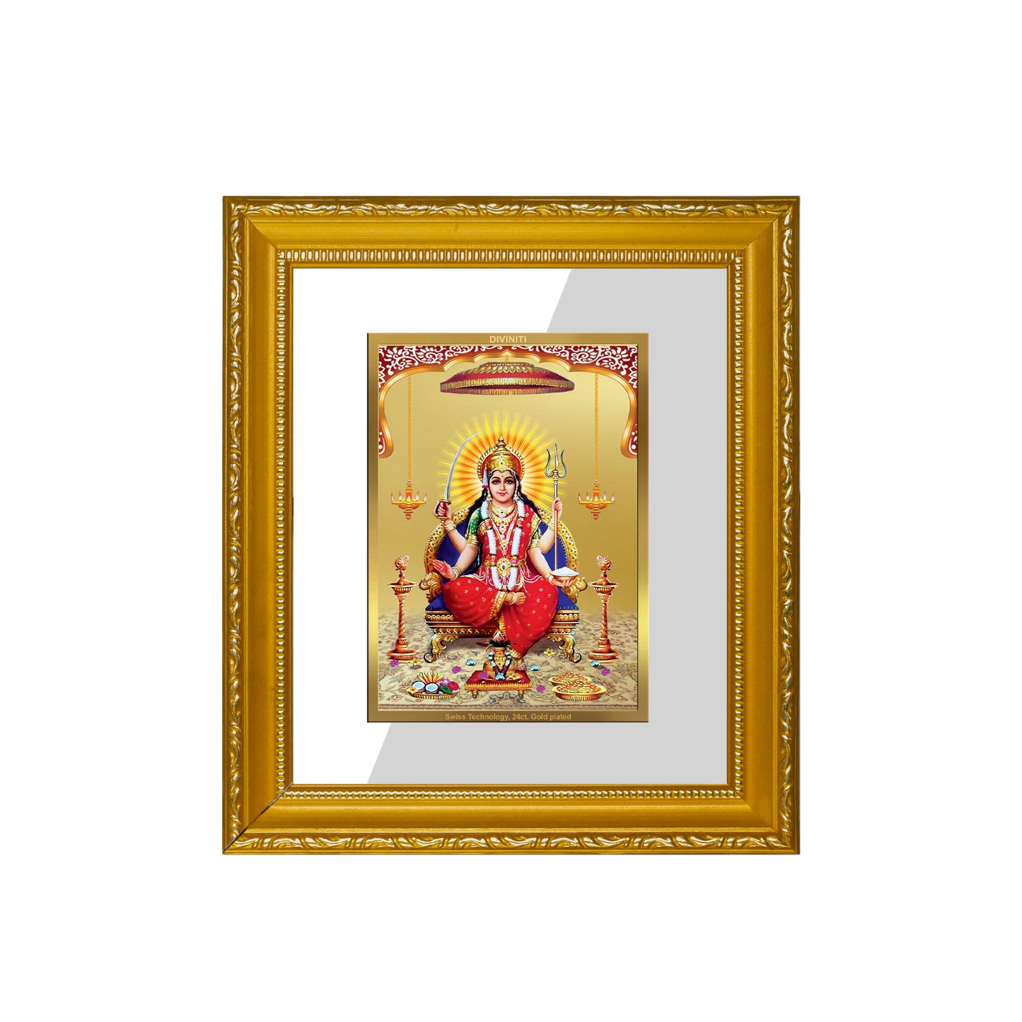 DIVINITI 24K Gold Plated Foil Santoshi Mata Wall Photo Frame Religious Photo Frame Idol for Home & Office Decor Prayer, Gifts Items DG 101 Size 1 (15.3x14.9 CM)