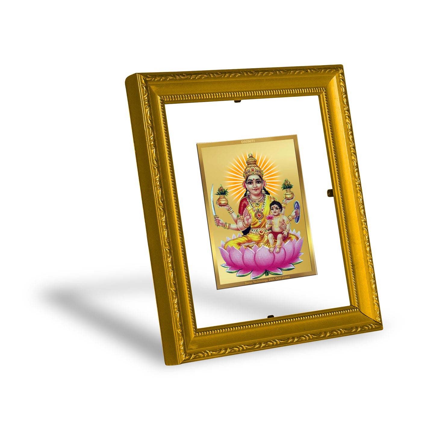 DIVINITI 24K Gold Plated Foil Santana Lakshmi Wall Photo Frame Religious Photo Frame Idol for Home & Office Decor Prayer, Gifts Items DG 101 Size 1 (15.3x14.9 CM)