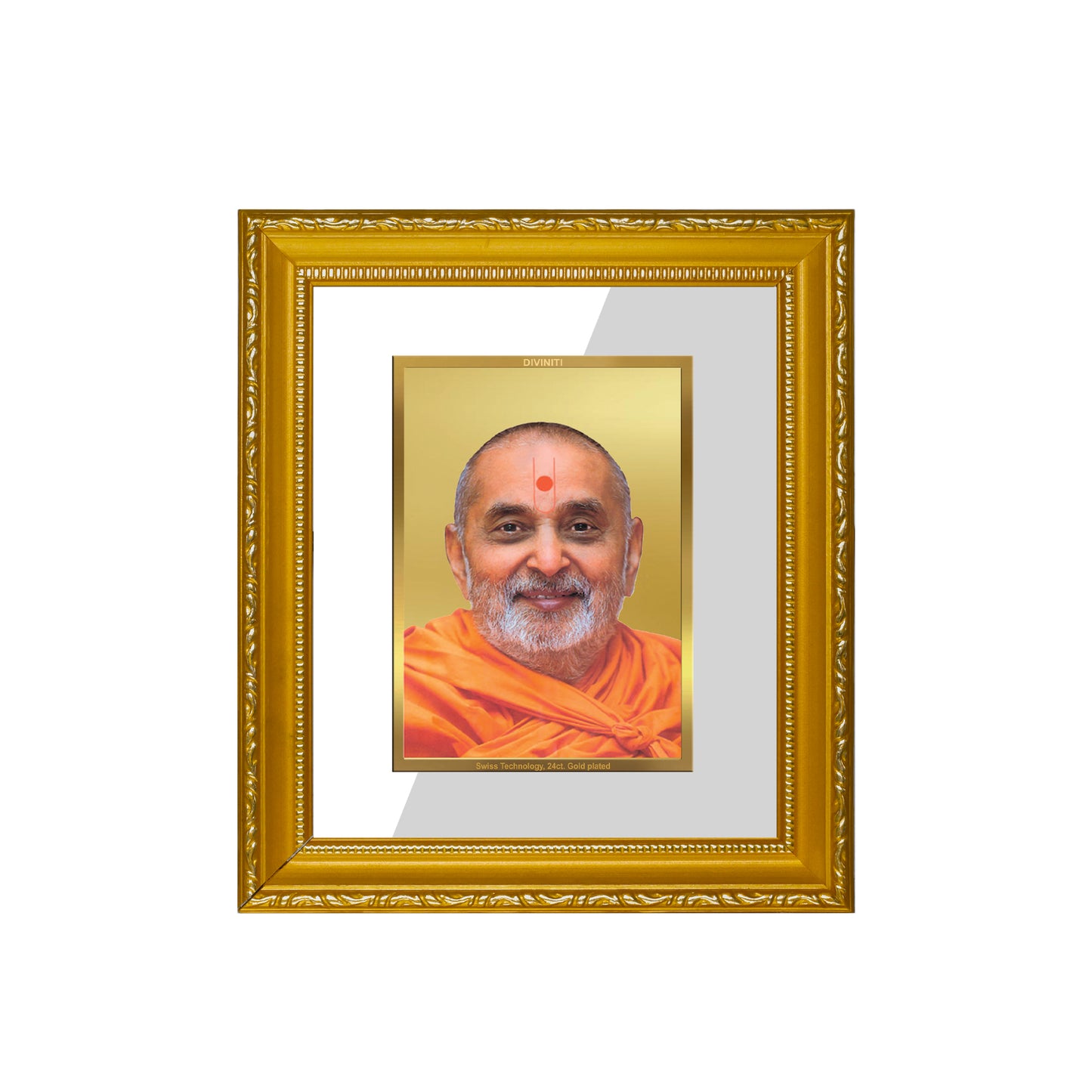 DIVINITI 24K Gold Plated Foil Pramukh Swami Wall Photo Frame Religious Photo Frame Idol for Home & Office Decor Prayer, Gifts Items DG 101 Size 1 (15.3x14.9 CM)