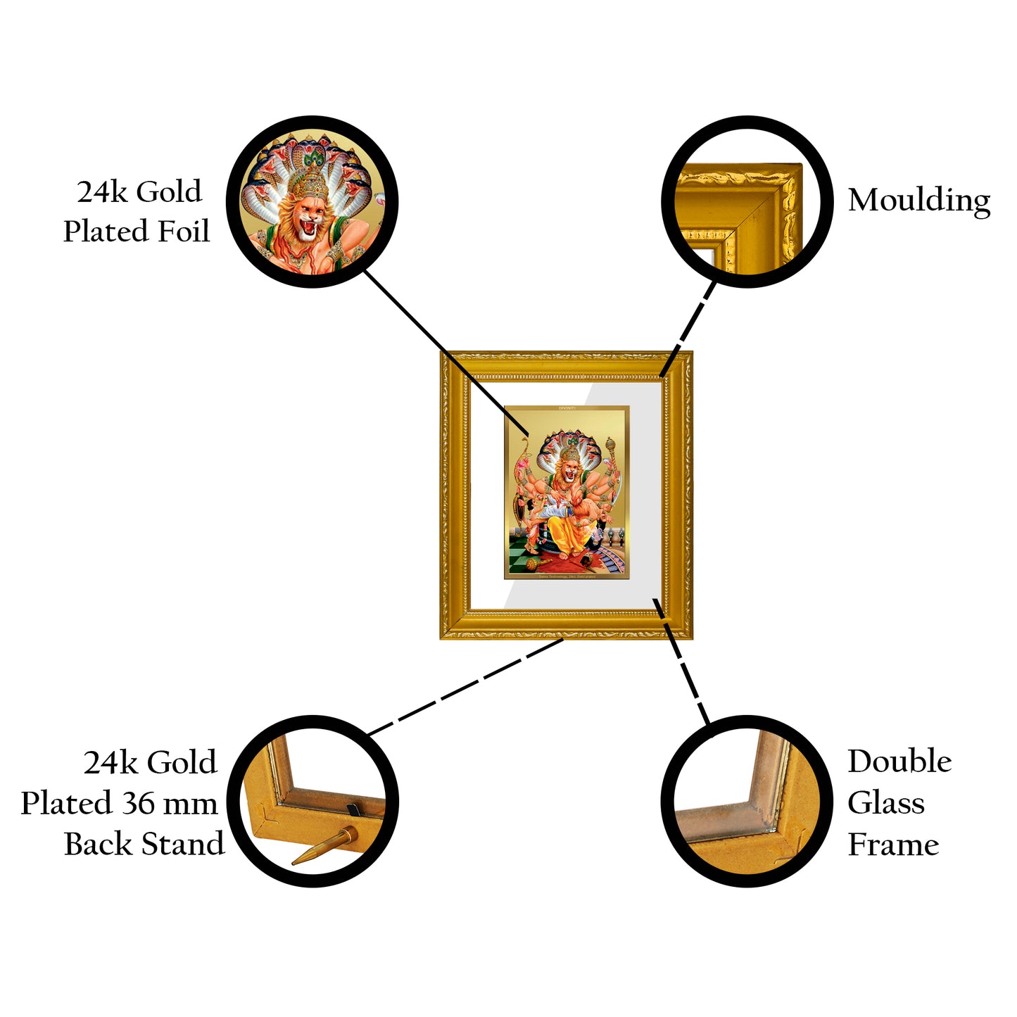 DIVINITI 24K Gold Plated Foil Narsimha Wall Photo Frame Religious Photo Frame Idol for Home & Office Decor Prayer, Gifts Items DG 101 Size 1 (15.3x14.9 CM)