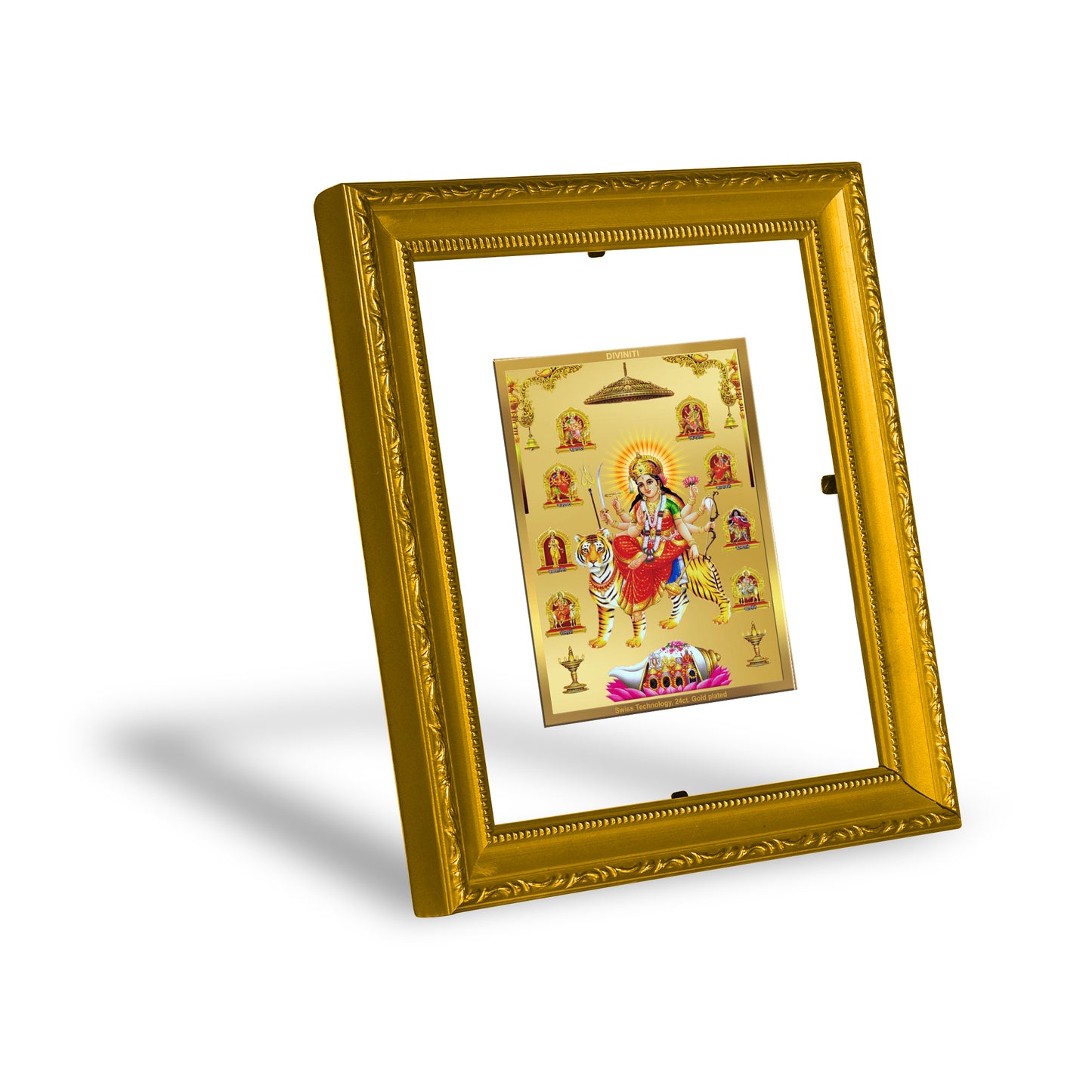 DIVINITI 24K Gold Plated Foil Nav Durga Wall Photo Frame Foil Religious Photo Frame Idol for Home & Office Decor Prayer, Gifts Items DG 101 Size 1 (15.3x14.9 CM)