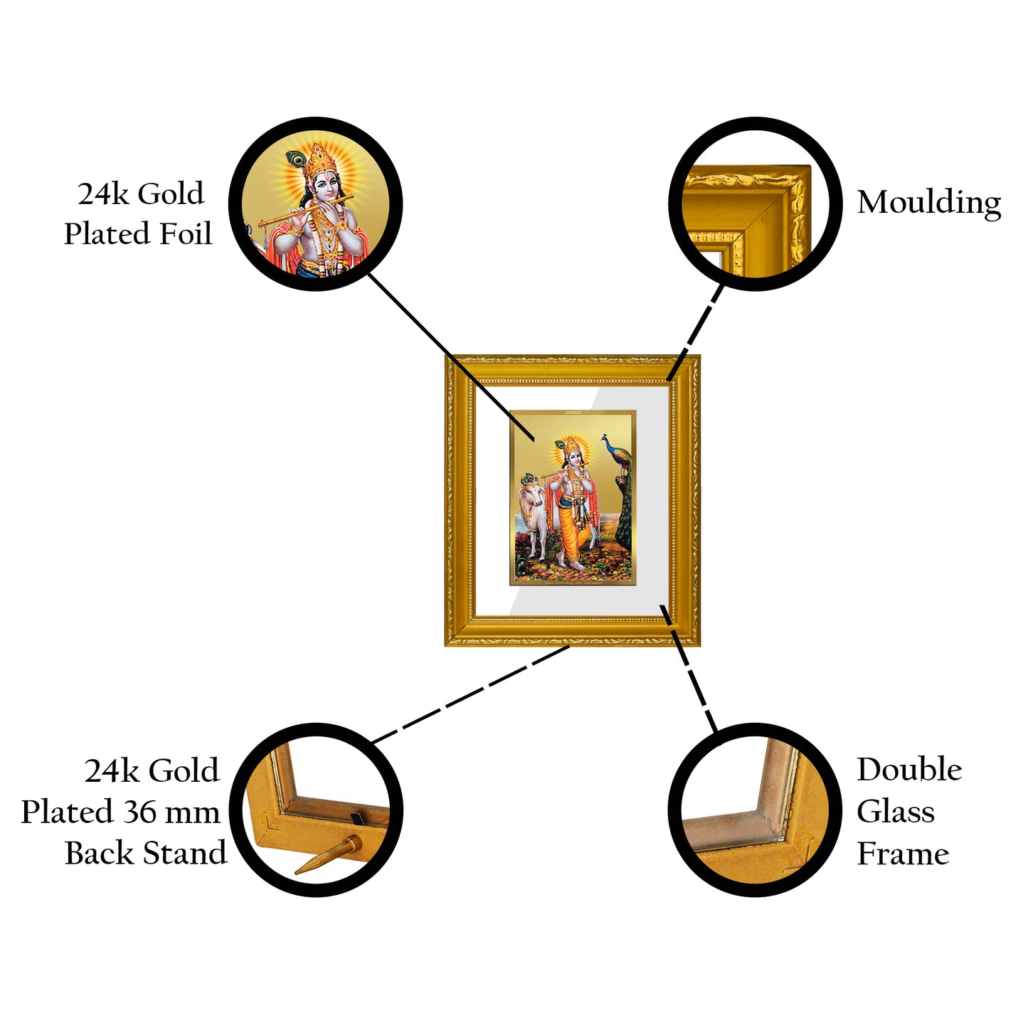 DIVINITI 24K Gold Plated Foil Krishna Wall Photo Frame Religious Photo Frame Idol for Home & Office Decor Prayer, Gifts DG 101 Size 1 (15.3x14.9 CM)