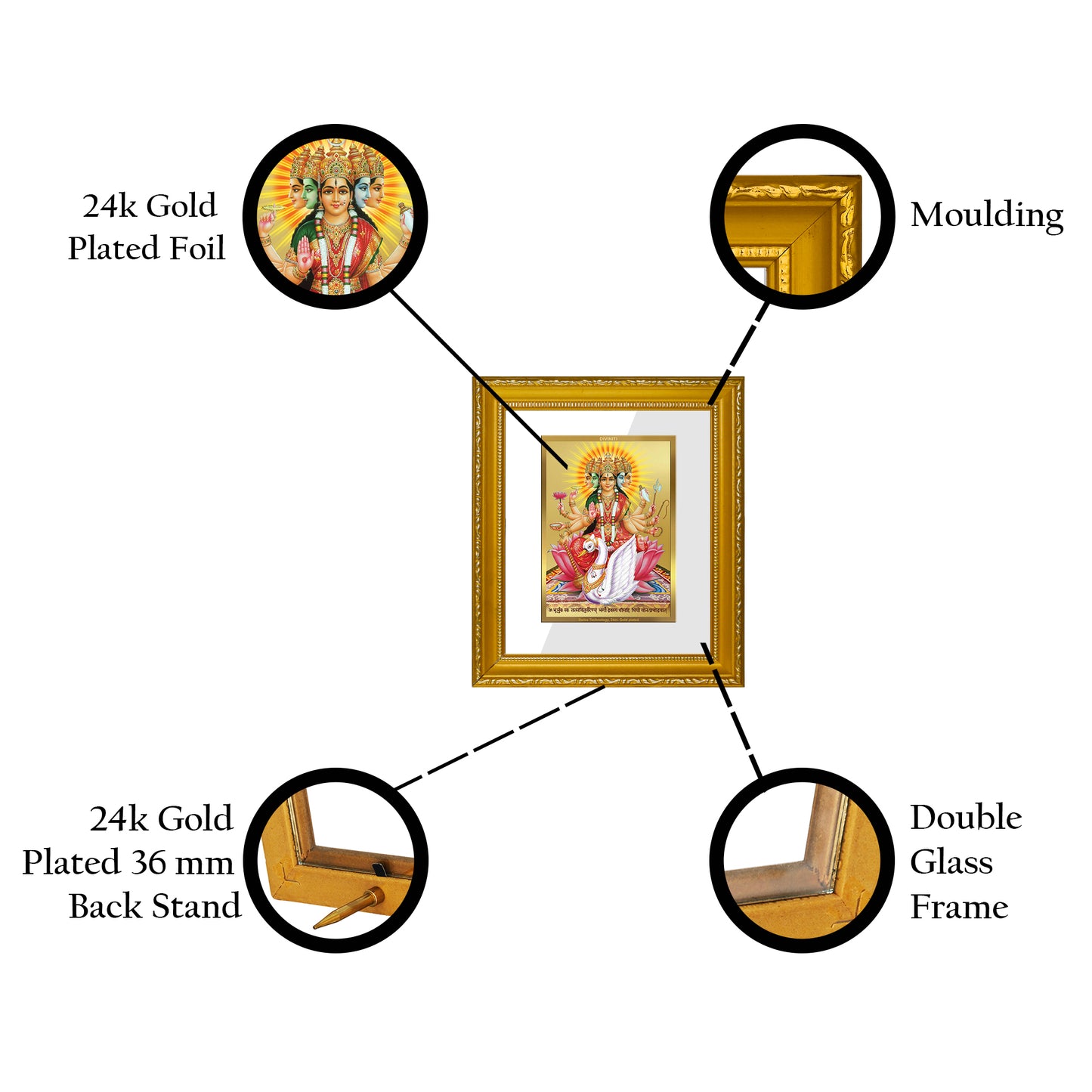 DIVINITI 24K Gold Plated Foil Gayatri Wall Photo Frame Religious Photo Frame Idol for Home & Office Decor Prayer, Gifts Items DG 101 Size 1 (15.3x14.9 CM)