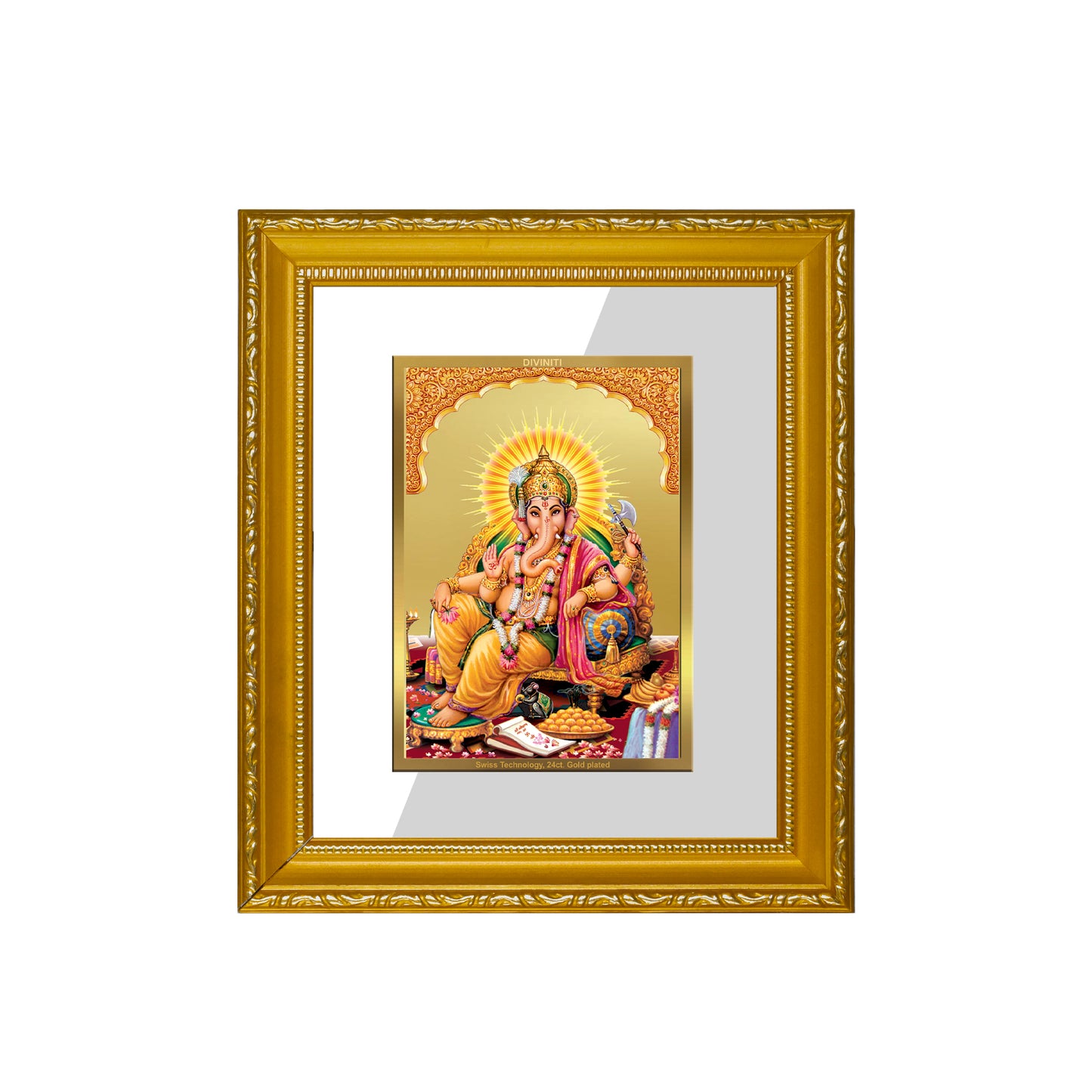 DIVINITI 24K Gold Plated Foil Ganesha Wall Photo Frame Religious Photo Frame Idol for Home & Office Decor Prayer, Gifts Items DG 101 Size 1 (15.3x14.9 CM)