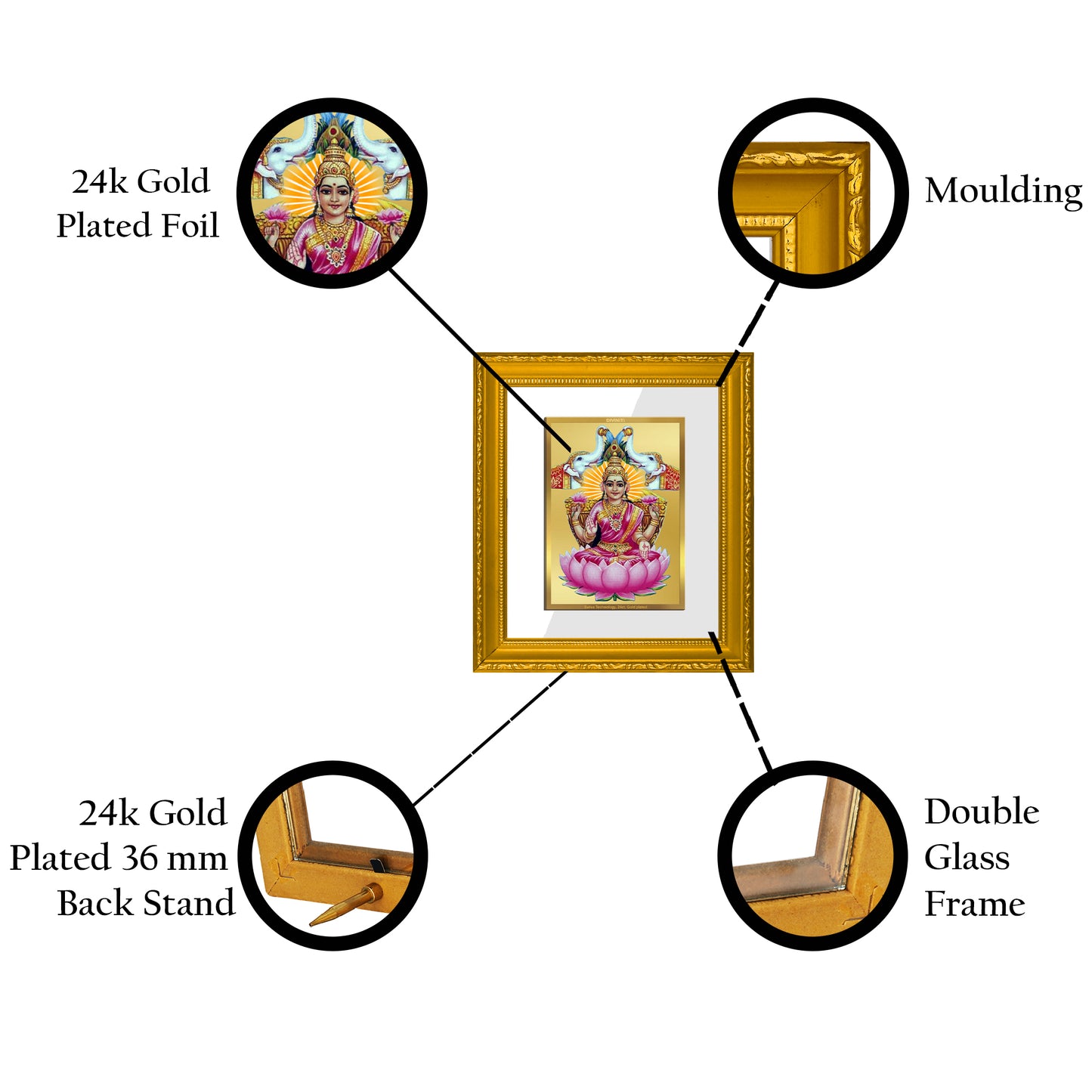 DIVINITI 24K Gold Plated Foil Gaja Lakshmi Wall Photo Frame Religious Photo Frame Idol for Home & Office Decor Prayer, Gifts Items DG 101 Size 1 (15.3x14.9 CM)