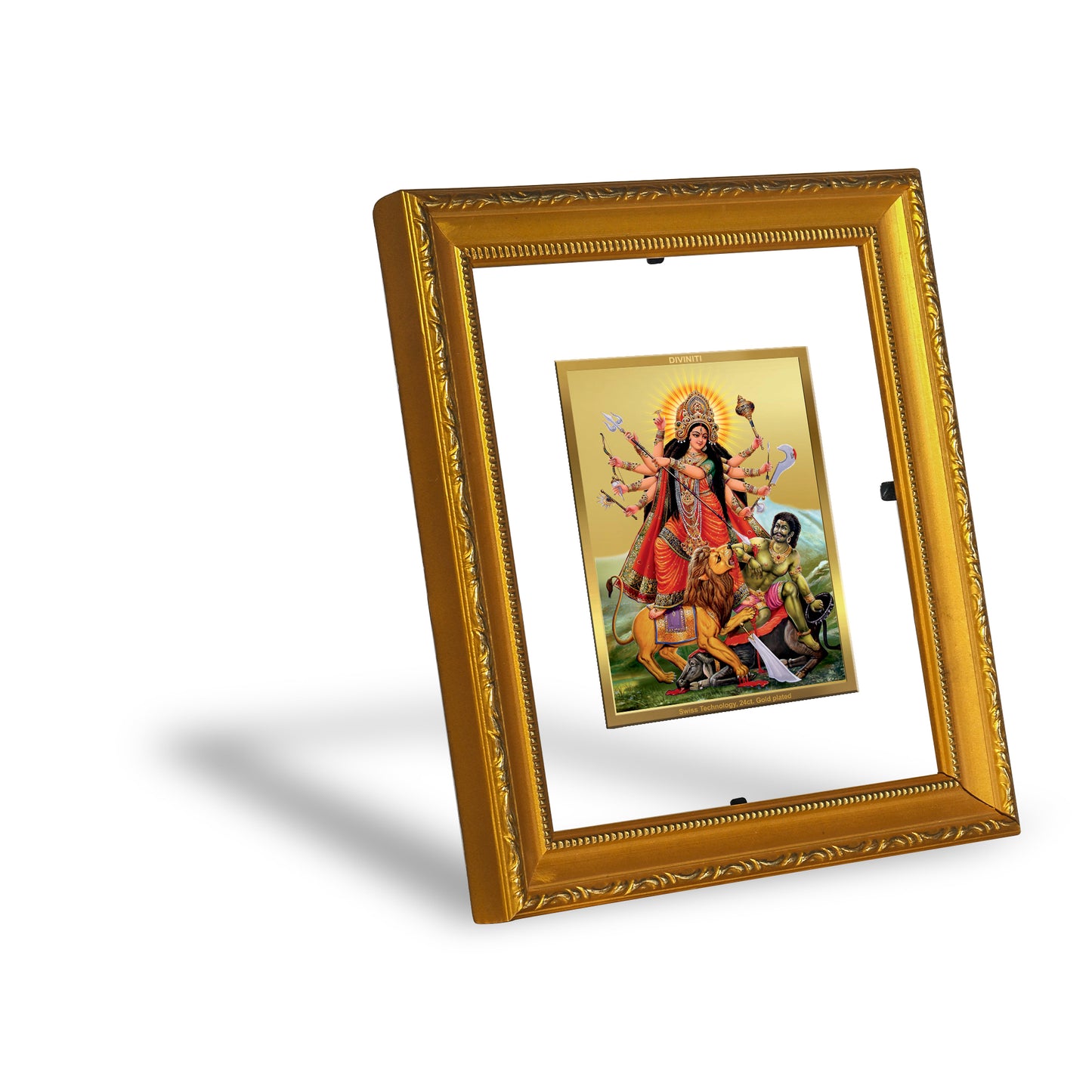 DIVINITI 24K Gold Plated Foil Durga Wall Photo Frame Religious Photo Frame Idol for Home & Office Decor Prayer, Gifts Items DG 101 Size 1 (15.3x14.9 CM)