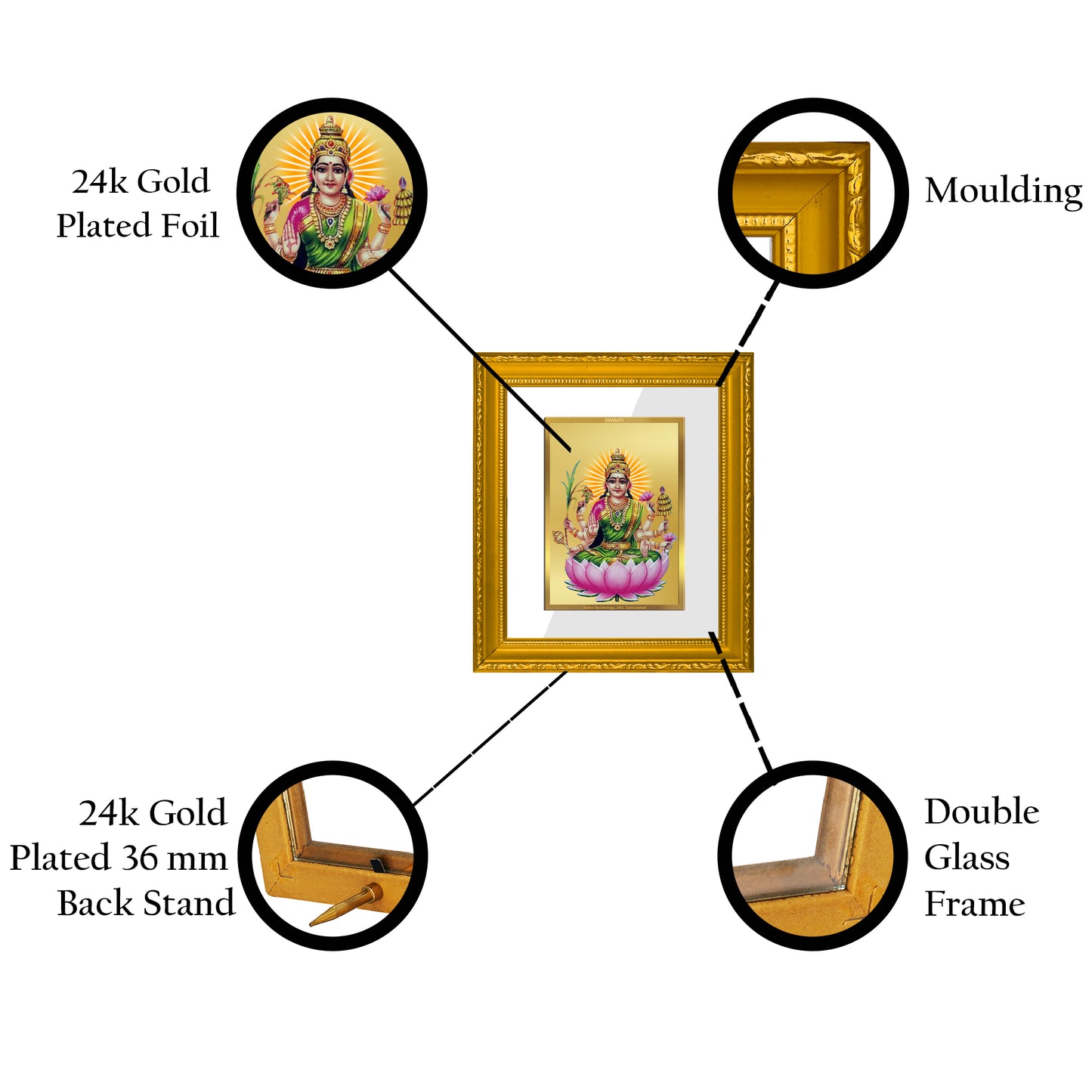 DIVINITI 24K Gold Plated Foil Dhanya Lakshmi Wall Photo Frame Religious Photo Frame Idol for Home & Office Decor Prayer, Gifts Items DG 101 Size 1 (15.3x14.9 CM)