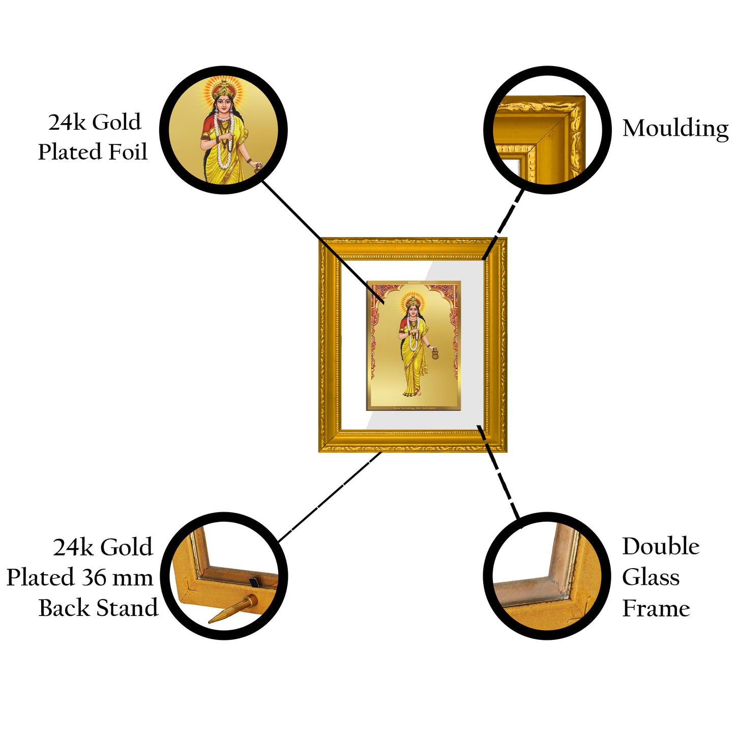 DIVINITI 24K Gold Plated Foil Brahmacharini Mata Wall Photo Frame Religious Photo Frame Idol for Home & Office Decor Prayer, Gifts Items DG 101 Size 1 (15.3x14.9 CM)