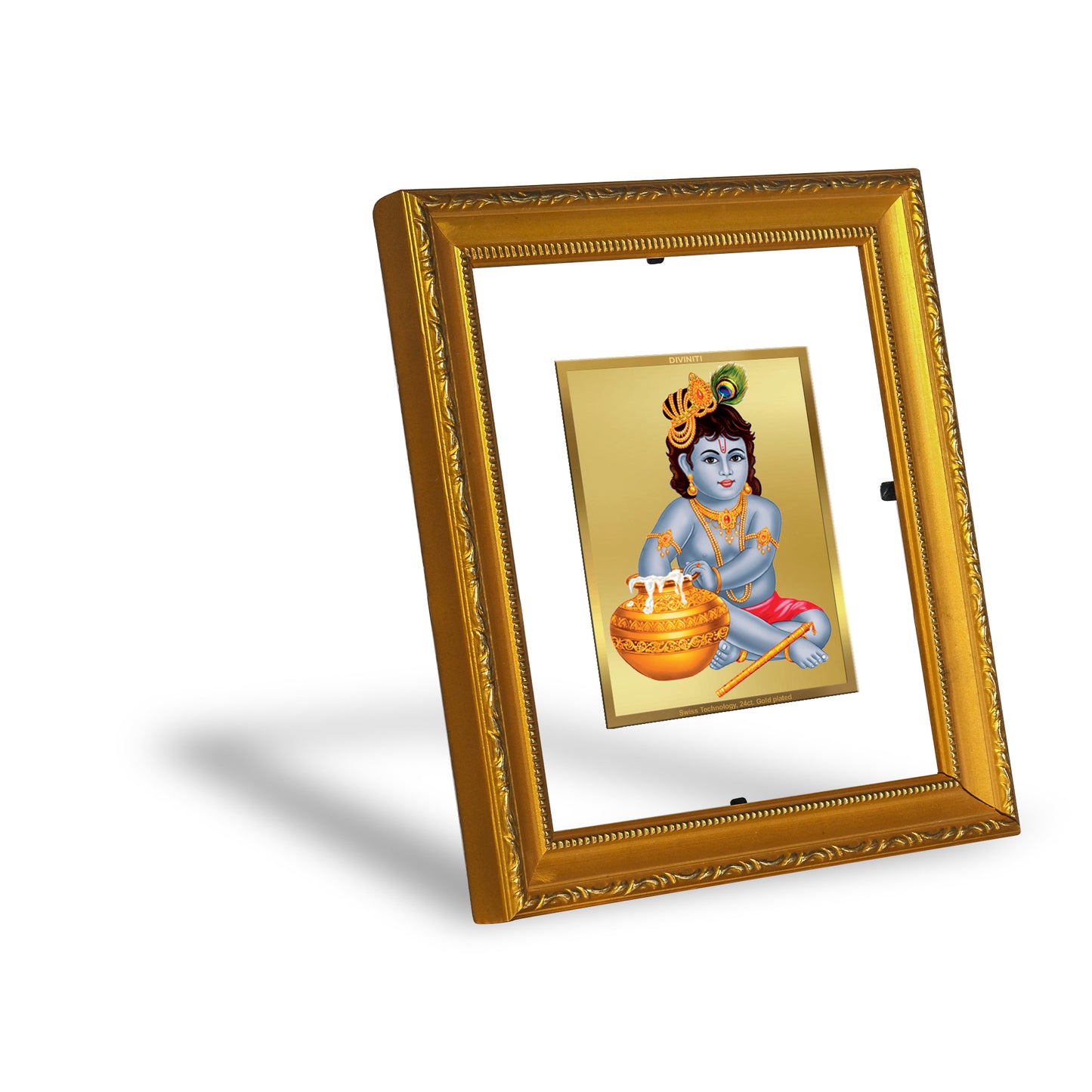 DIVINITI 24K Gold Plated Foil Bal Gopal Wall Photo Frame Religious Photo Frame Idol for Home & Office Decor Prayer Gifts Items DG 101 Size 1 (15.3x14.9 CM)