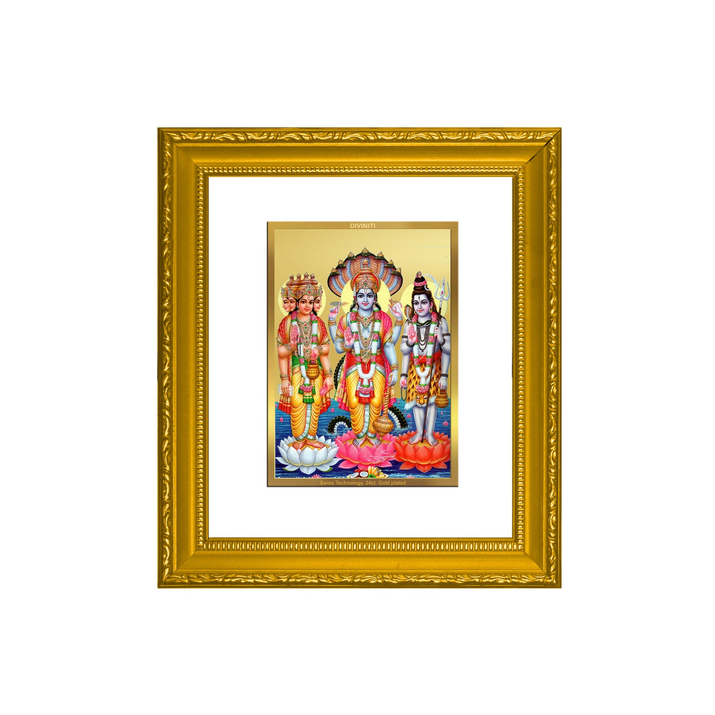 DIVINITI 24K Gold Plated Foil Brahma Vishnu Mahesh Wall Photo Frame Religious Photo Frame Idol for Home & Office Decor Prayer Gifts Items DG 101 Size 1 (15.3x14.9 CM)