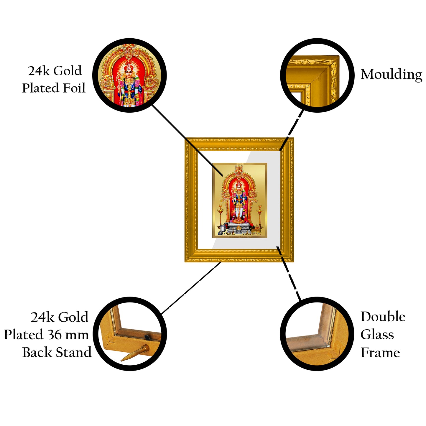 DIVINITI 24K Gold Plated Foil Raja Alangaram Wall Photo Frame Religious Photo Frame Idol for Home & Office Decor Prayer, Gifts Items DG 101 Size 1 (15.3x14.9 CM)