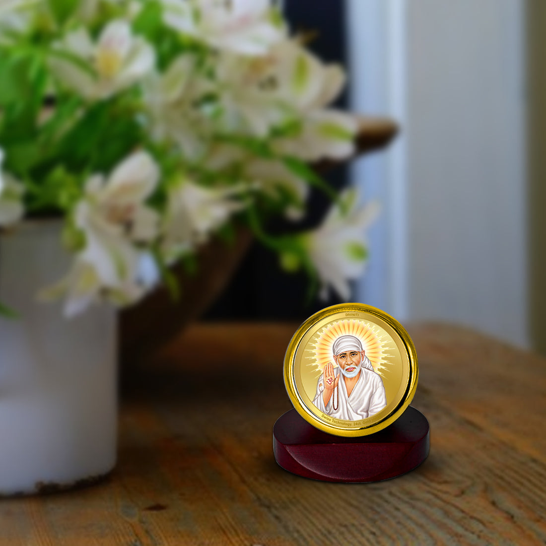 Diviniti 24K Gold Plated Sai Baba Photo Frame for Car Dashboard, Home Decor, Table Top, Puja Room Worship and Festival Gift MCF1CGOLD (5.5x5 CM)