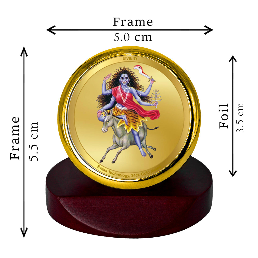 Diviniti 24K Gold Plated Kaalratri Mata Photo Frame for Car Dashboard, Home Decor, Table Top, Puja Room Worship and Festival Gift MCF1CGOLD (5.5x5 CM)