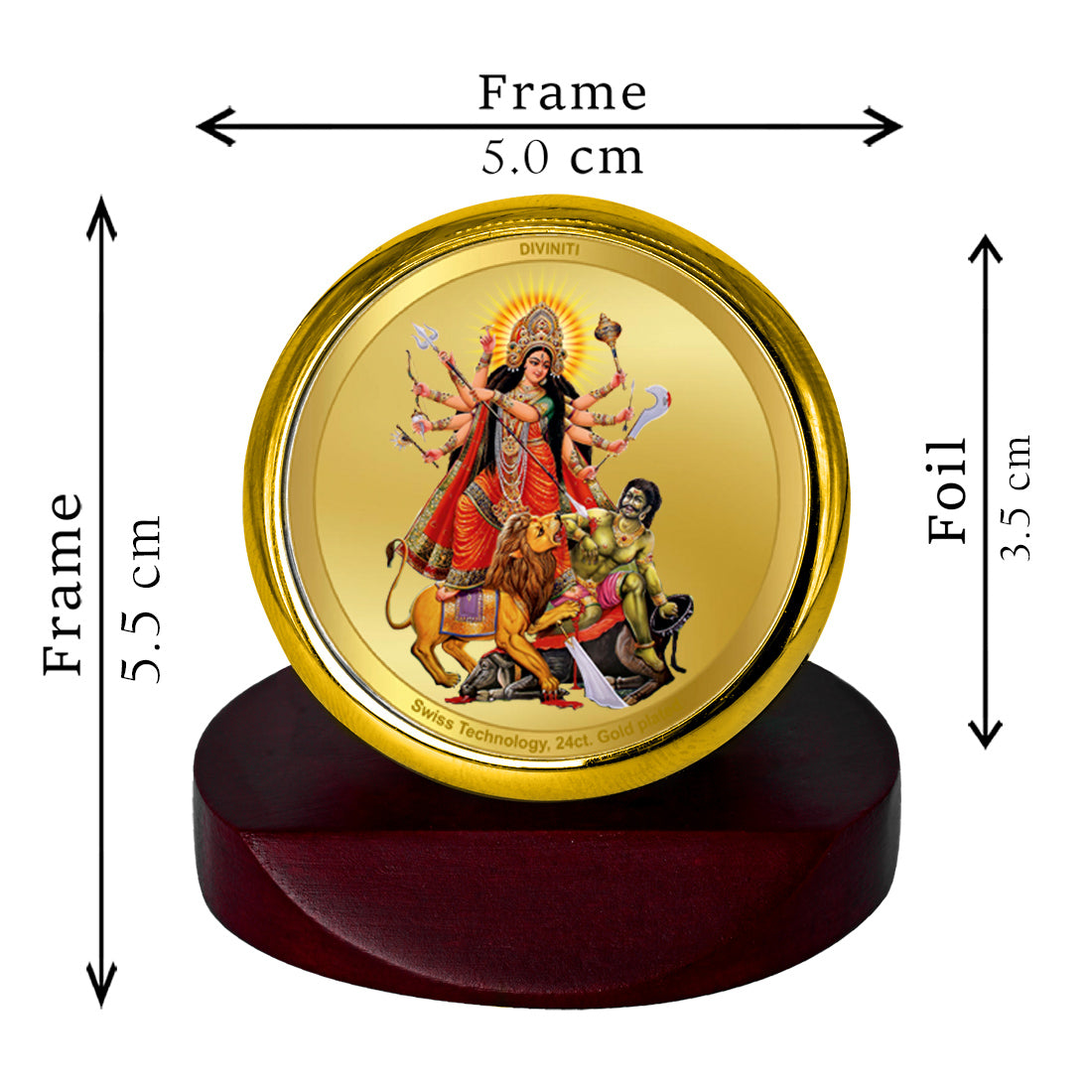 Diviniti 24K Gold Plated Durga Photo Frame for Car Dashboard, Home Decor, Table Top, Puja Room Worship and Festival Gift MCF1CGOLD (5.5x5 CM)