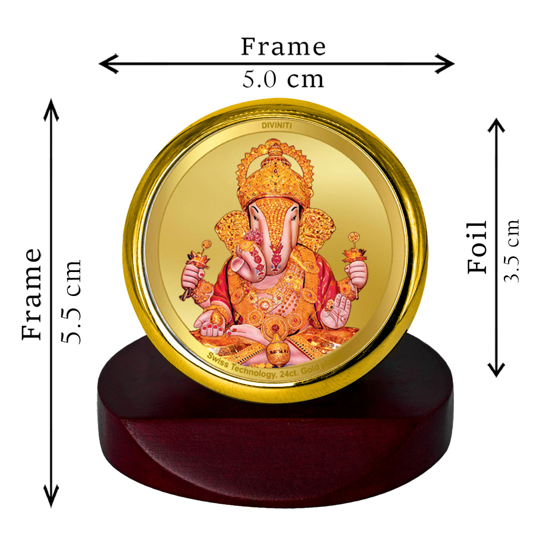 Diviniti 24K Gold Plated Foil Dagdu Ganesha Photo Frame for Car Dashboard, Home Decor, Table Top, Puja Room Worship and Festival Gift MCF1CGOLD (5.5x5 CM)