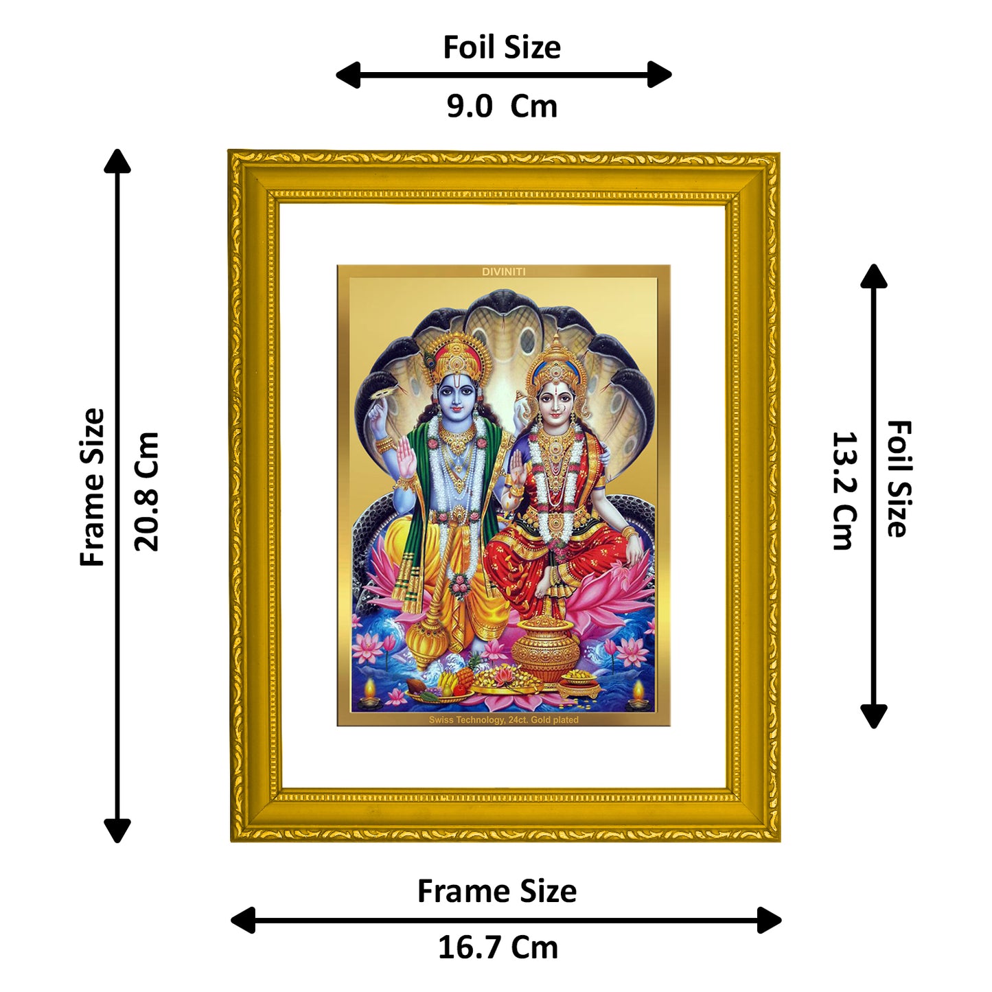 DIVINITI 24K Gold Plated Vishnu Laxmi Wooden Exquisite Photo Frame Idol for Home & Office Decor, Wall Hanging, Workshop, Table Top, Gift | DG113 Size 2 (22.6x18.4 CM)