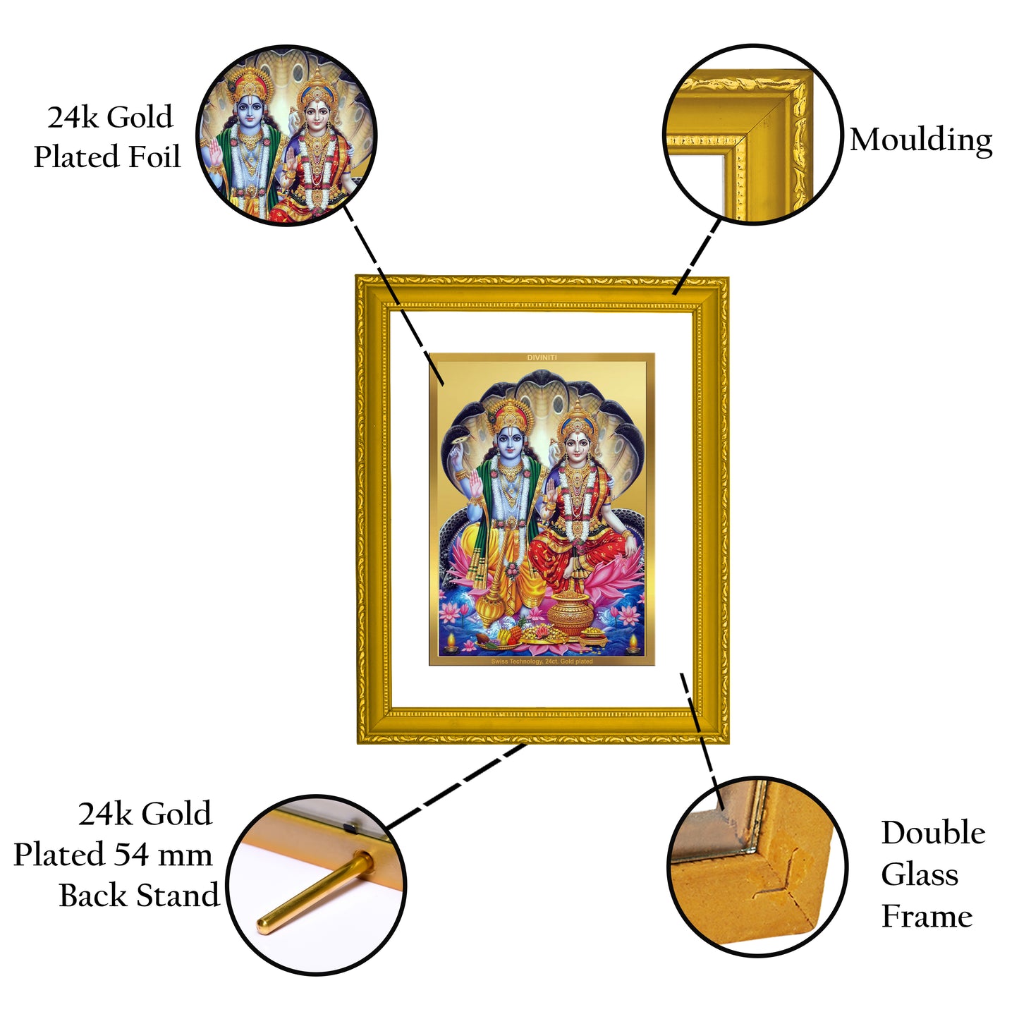 DIVINITI 24K Gold Plated Vishnu Laxmi Wooden Exquisite Photo Frame Idol for Home & Office Decor, Wall Hanging, Workshop, Table Top, Gift | DG113 Size 2 (22.6x18.4 CM)