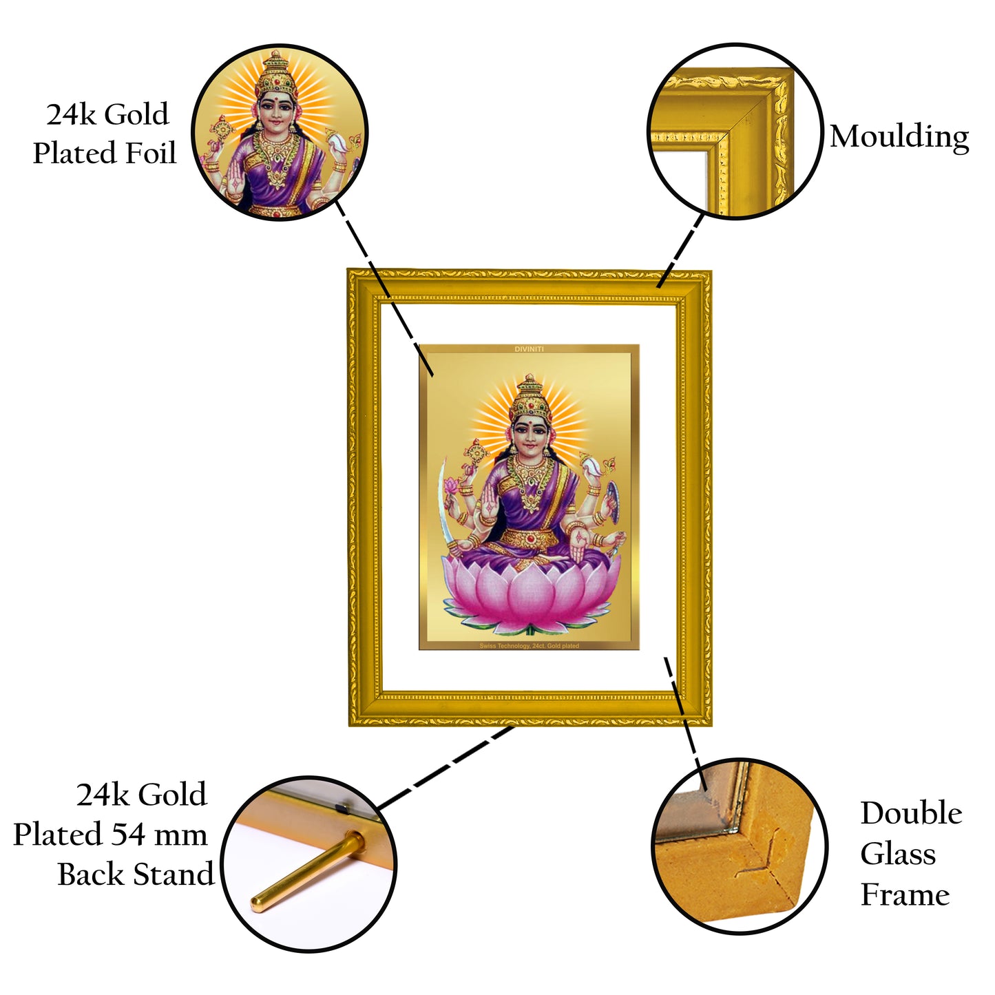 DIVINITI 24K Gold Plated Vijaya Lakshmi Modern Photo Frame Idol for Puja Room, Home Wall Decor, Workshop, Table Top, Premium Gift|DG101 Size 2 (22.6x18.4 CM)