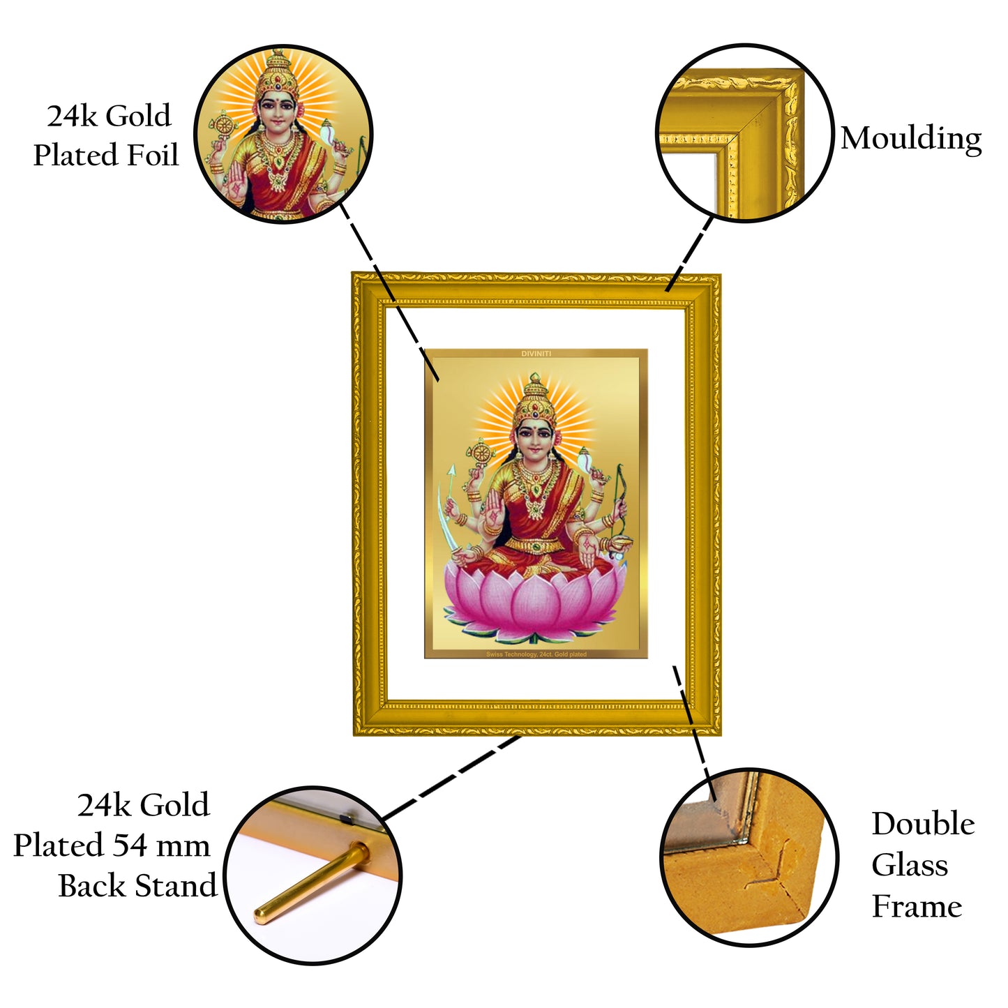 DIVINITI 24K Gold Plated Veer Laxmi Wooden Traditional Photo Frame Idol for Home Wall Decor, Workshop, Table Top, Premium Gift | DG101 Size 2 (22.6x18.4 CM)