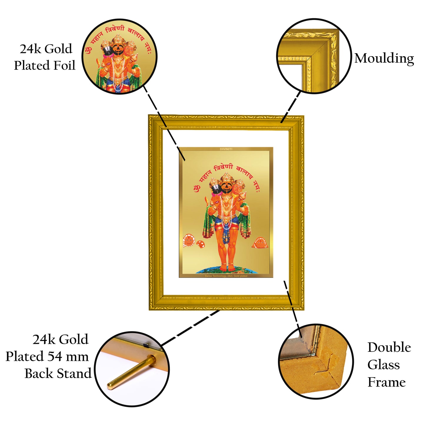 DIVINITI 24K Gold Plated Triveni Balaji Photo Frame Idol for Home Decor, Table Top, Wall Hanging, Workshop, Premium Gift|DG101 Size 2 (22.6x18.4 CM)