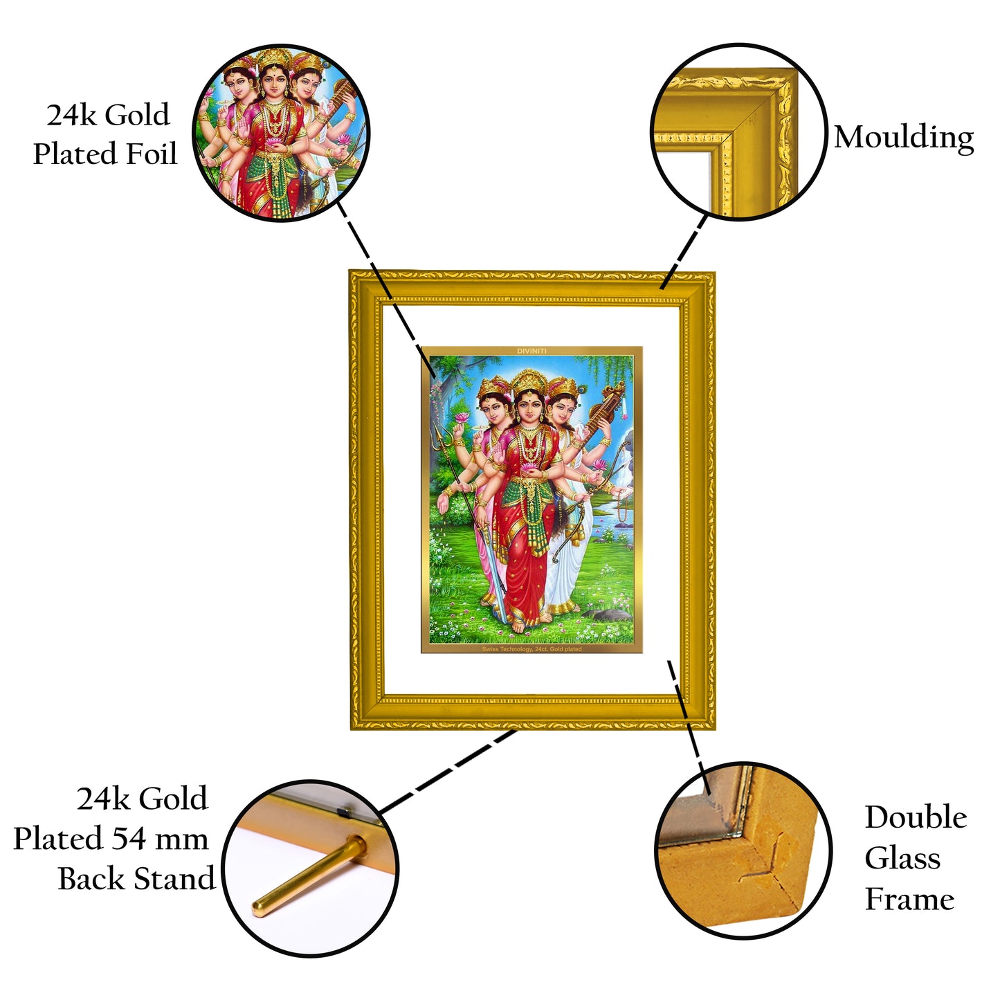 DIVINITI 24K Gold Plated Teen Devi Religious Photo Frame Idol for Home & Office Decor, Wall Hanging, Workshop, Table Top, Gift|DG101 Size 2 (22.6x18.4 CM)