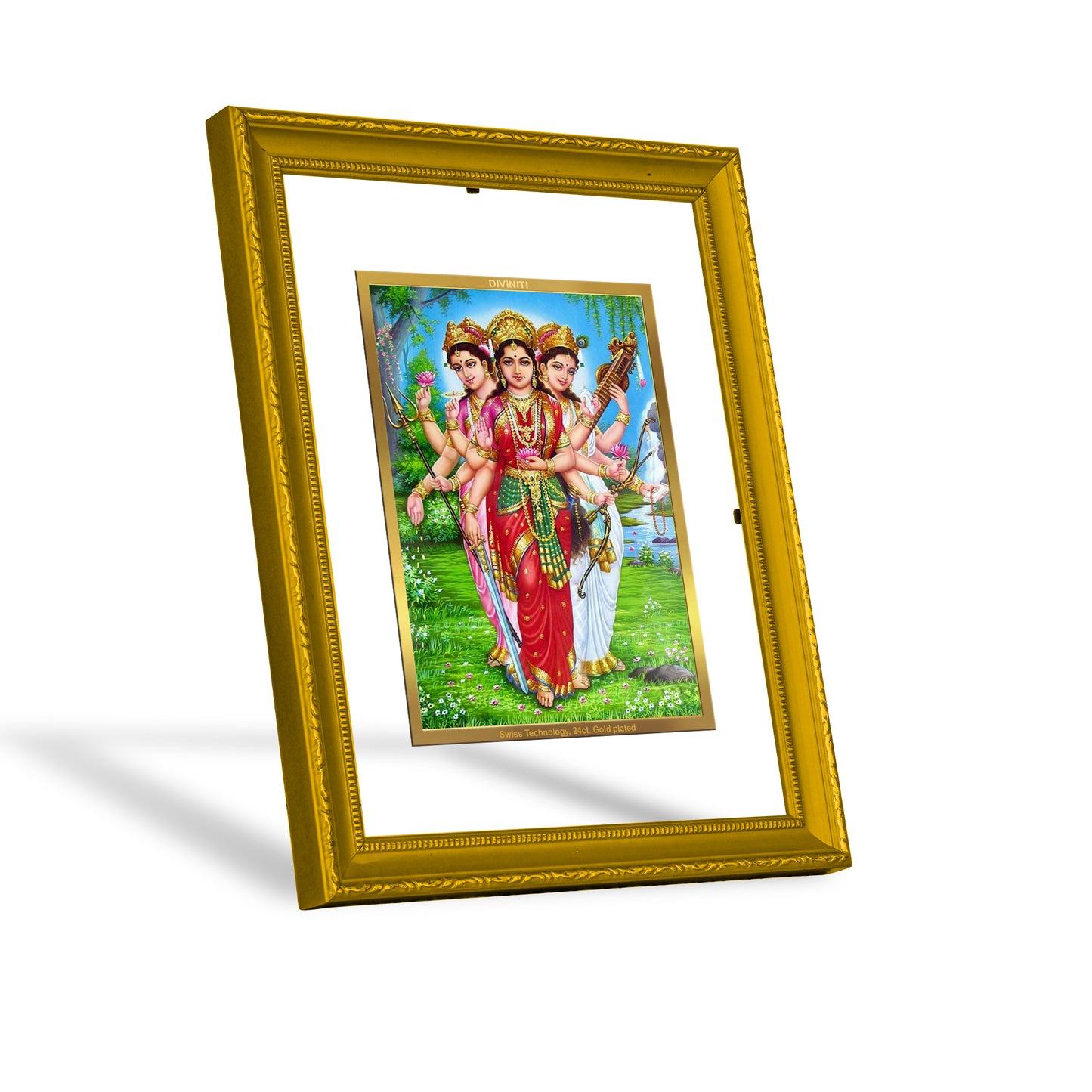 DIVINITI 24K Gold Plated Teen Devi Religious Photo Frame Idol for Home & Office Decor, Wall Hanging, Workshop, Table Top, Gift|DG101 Size 2 (22.6x18.4 CM)