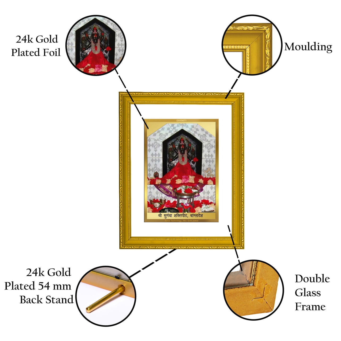 DIVINITI 24K Gold Plated Sugandha Shaktipeeth Wooden Photo Frame Idol for Wall Hanging, Workshop, Table Top, Home Decor, Gift | DG101 Size 2 (22.6x18.4 CM)