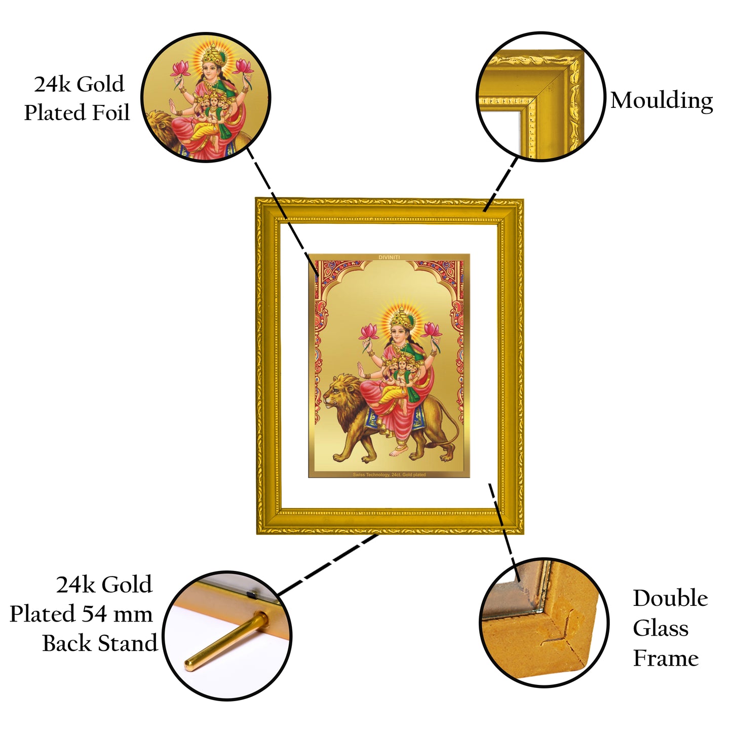 DIVINITI 24K Gold Plated Skanda Mata Wooden Traditional Photo Frame Idol for Home Decor, Table Top, Wall Hanging, Workshop, Premium Gift | DG113 Size 2 (22.6x18.4 CM)