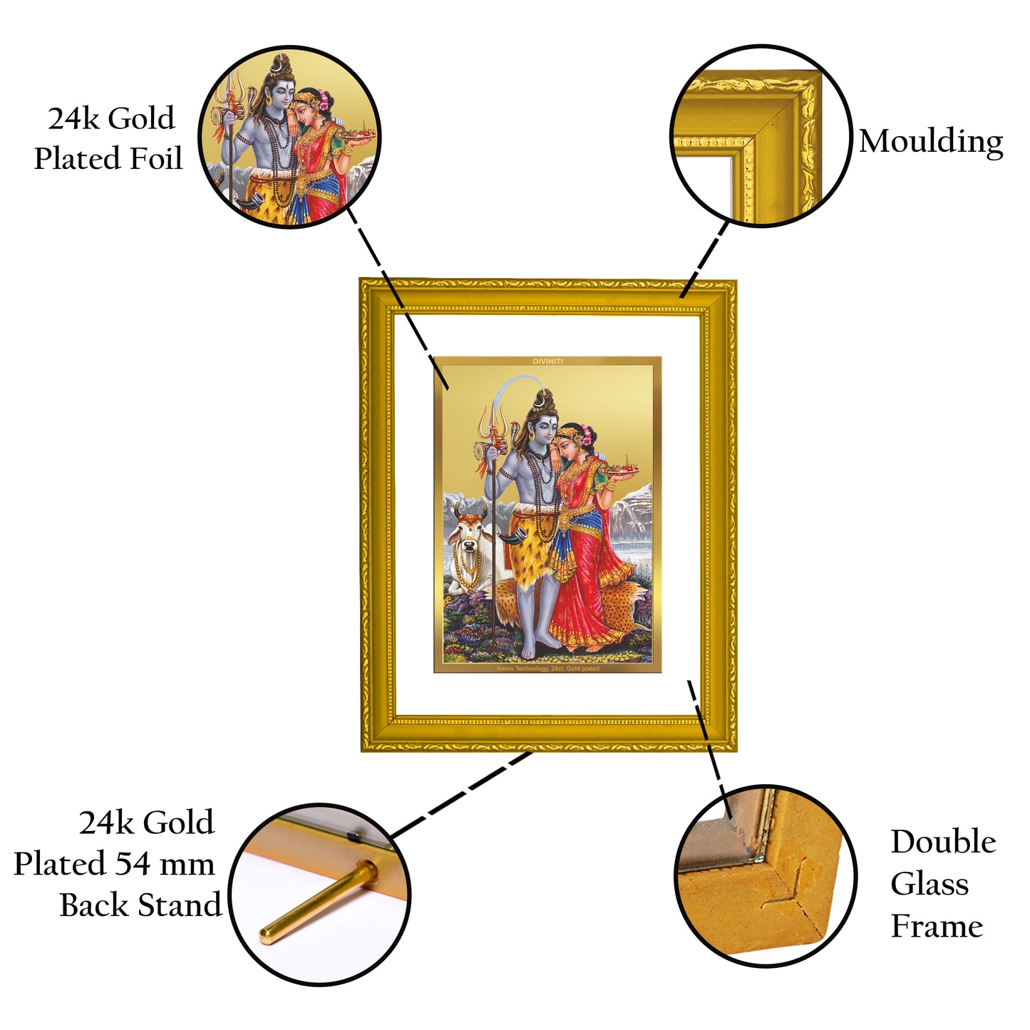 DIVINITI 24K Gold Plated Foil Lord Shiv Parivar Wooden Premium Photo Frame Idol for Wall Hanging, Puja Room, Home Decor, Gift | DG101 Size 2 (22.6x18.4 CM)