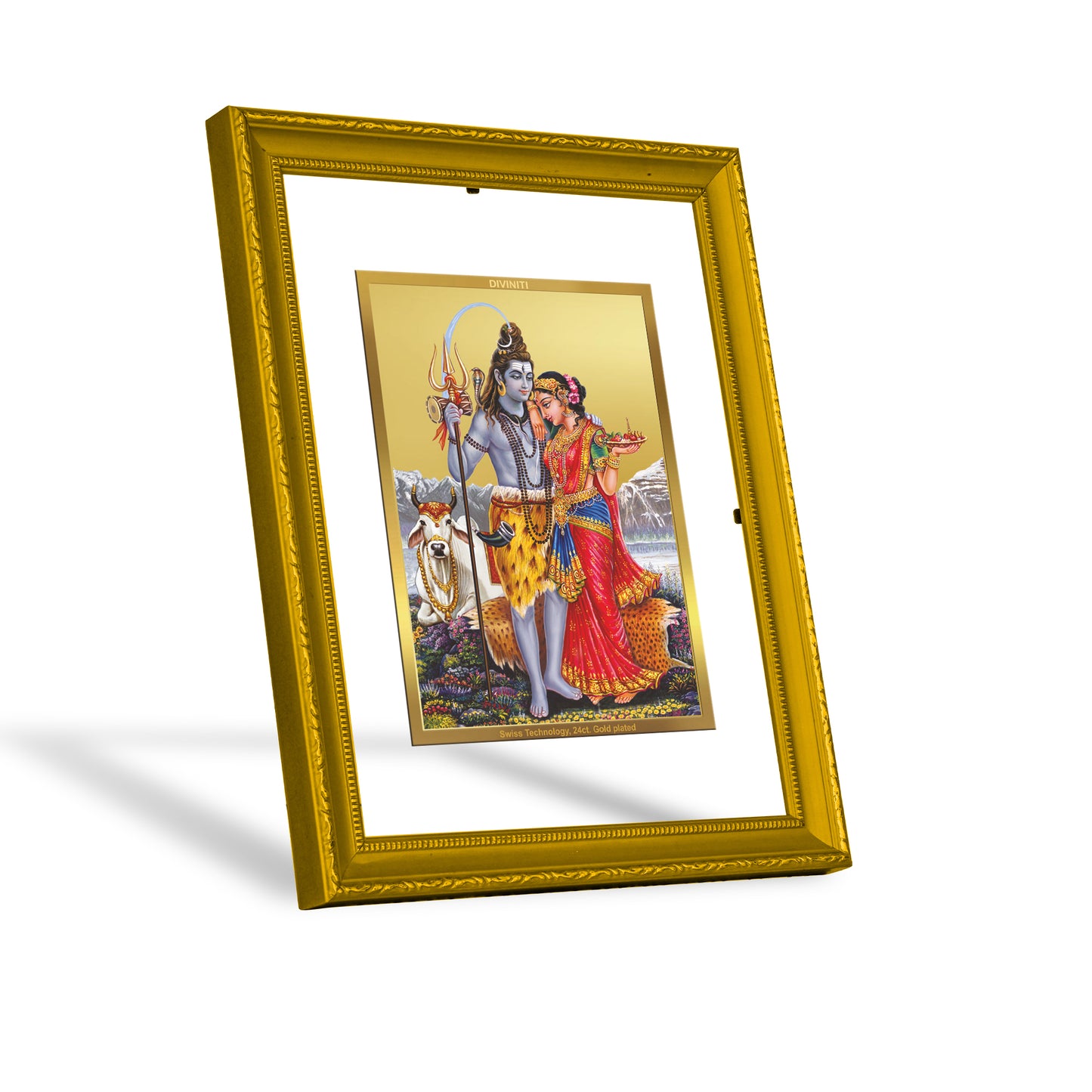 DIVINITI 24K Gold Plated Foil Lord Shiv Parivar Wooden Premium Photo Frame Idol for Wall Hanging, Puja Room, Home Decor, Gift | DG101 Size 2 (22.6x18.4 CM)