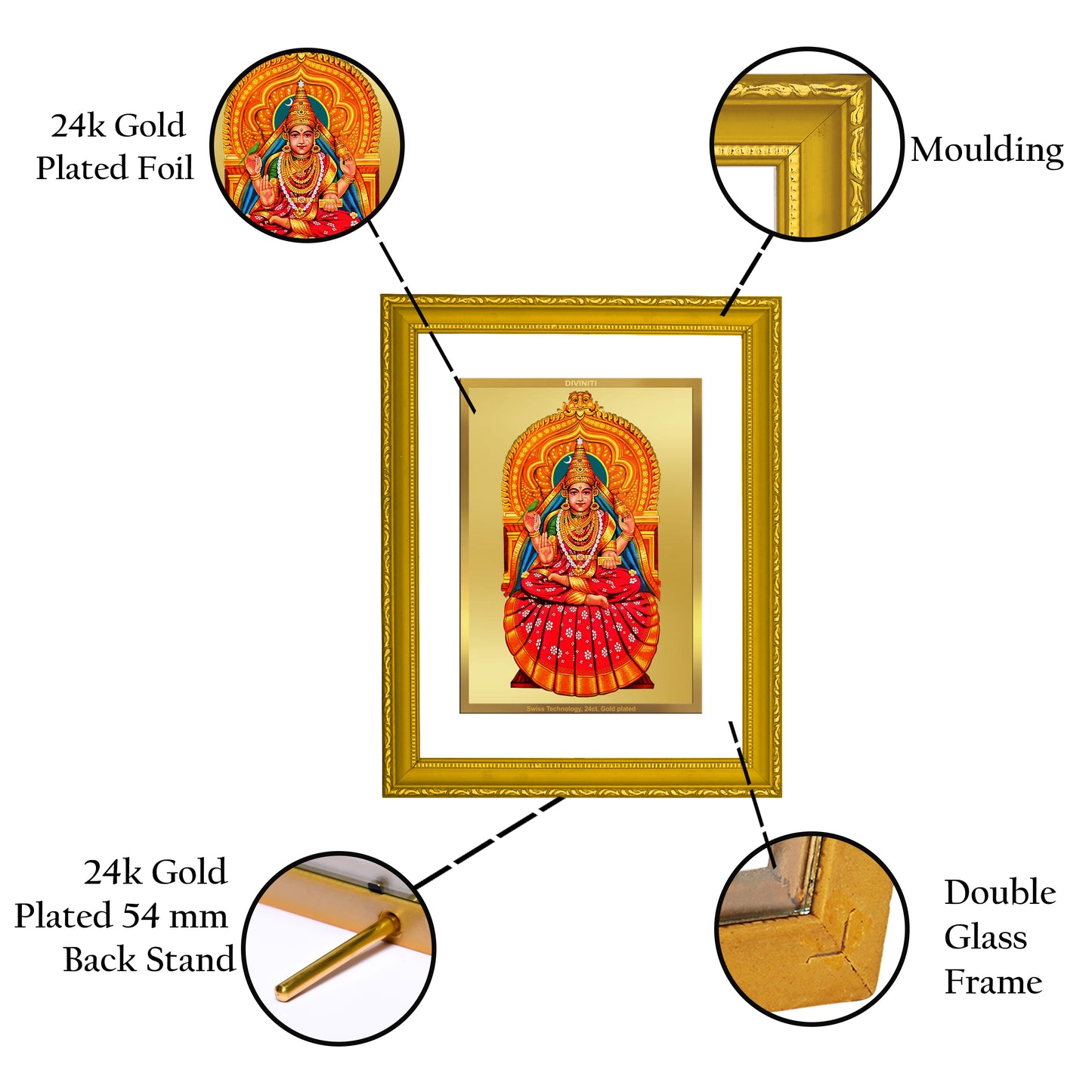 DIVINITI 24K Gold Plated Foil Sharda Mata Premium Photo Frame Idol for Home Decor, Wall Hanging, Luxury Gift|DG101 Size 2 (22.6x18.4 CM)