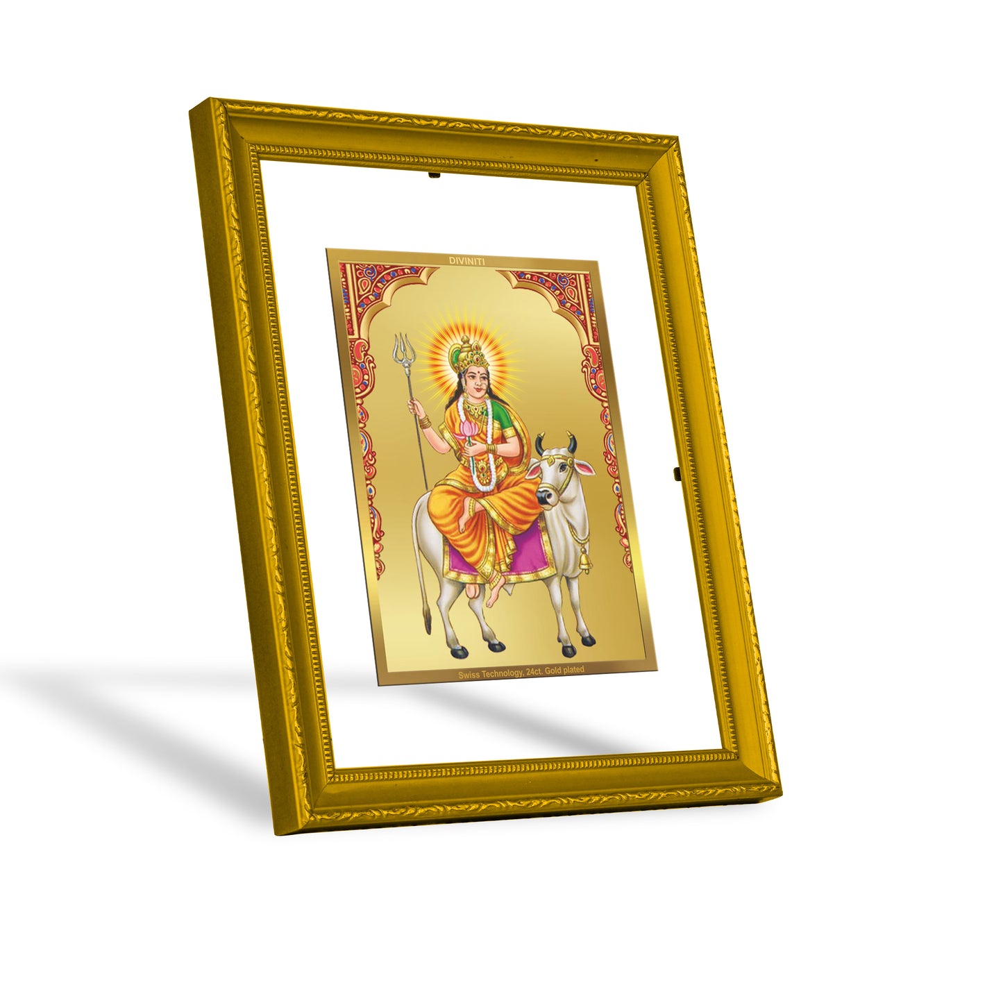 DIVINITI 24K Gold Plated Foil Shailputri Mata Wooden Photo Frame Idol for Puja Room, Home Decor, Wall Hanging, Workshop, Gift | DG101 Size 2 (22.6x18.4 CM)