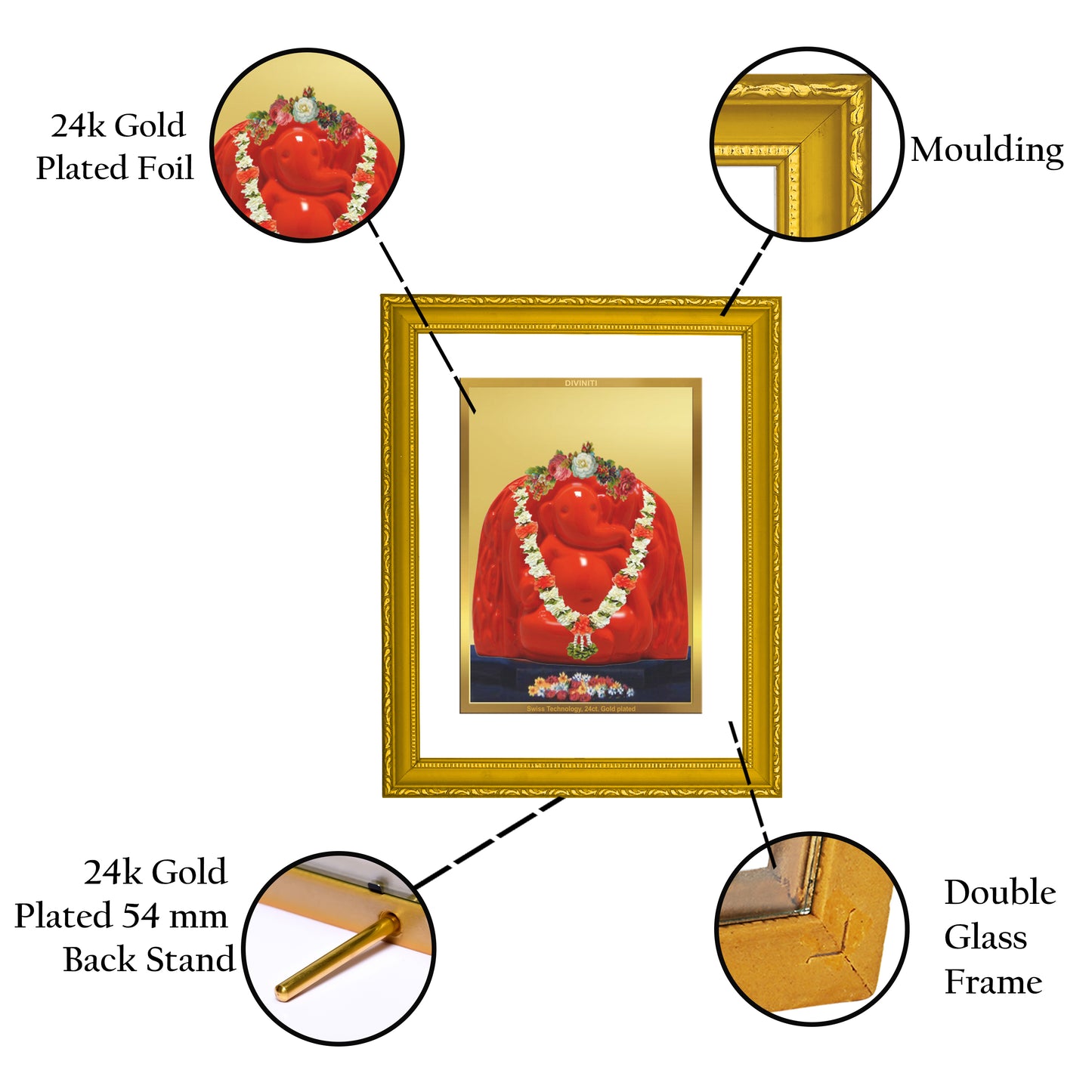 DIVINITI 24K Gold Plated Foil Lord Ganesha Elephant Face Wooden Photo Frame Idol for Puja Room, Home Decor, Wall Hanging, Gift | DG101 Size 2 (22.6x18.4 CM)