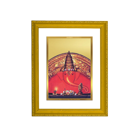 DIVINITI 24K Gold Plated Foil Lord Ganesha Wooden Photo Frame Idol for Workshop, Puja Room, Home Wall Decor, Traditional Gift | DG101 Size 2 (22.6x18.4 CM)