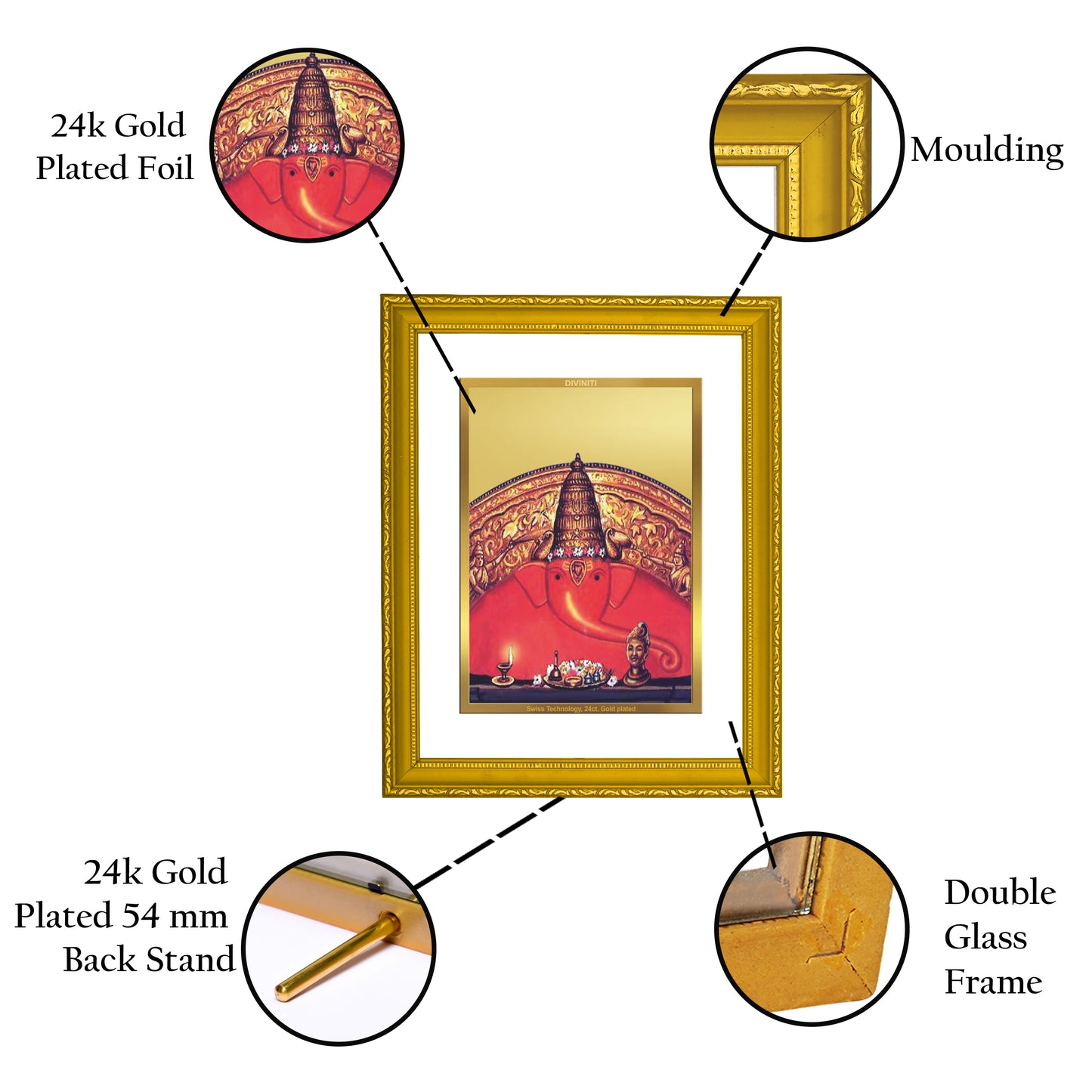 DIVINITI 24K Gold Plated Foil Lord Ganesha Photo Frame Idol for Workshop, Puja Room, Home Wall Decor, Traditional Gift|DG101 Size 2 (22.6x18.4 CM)