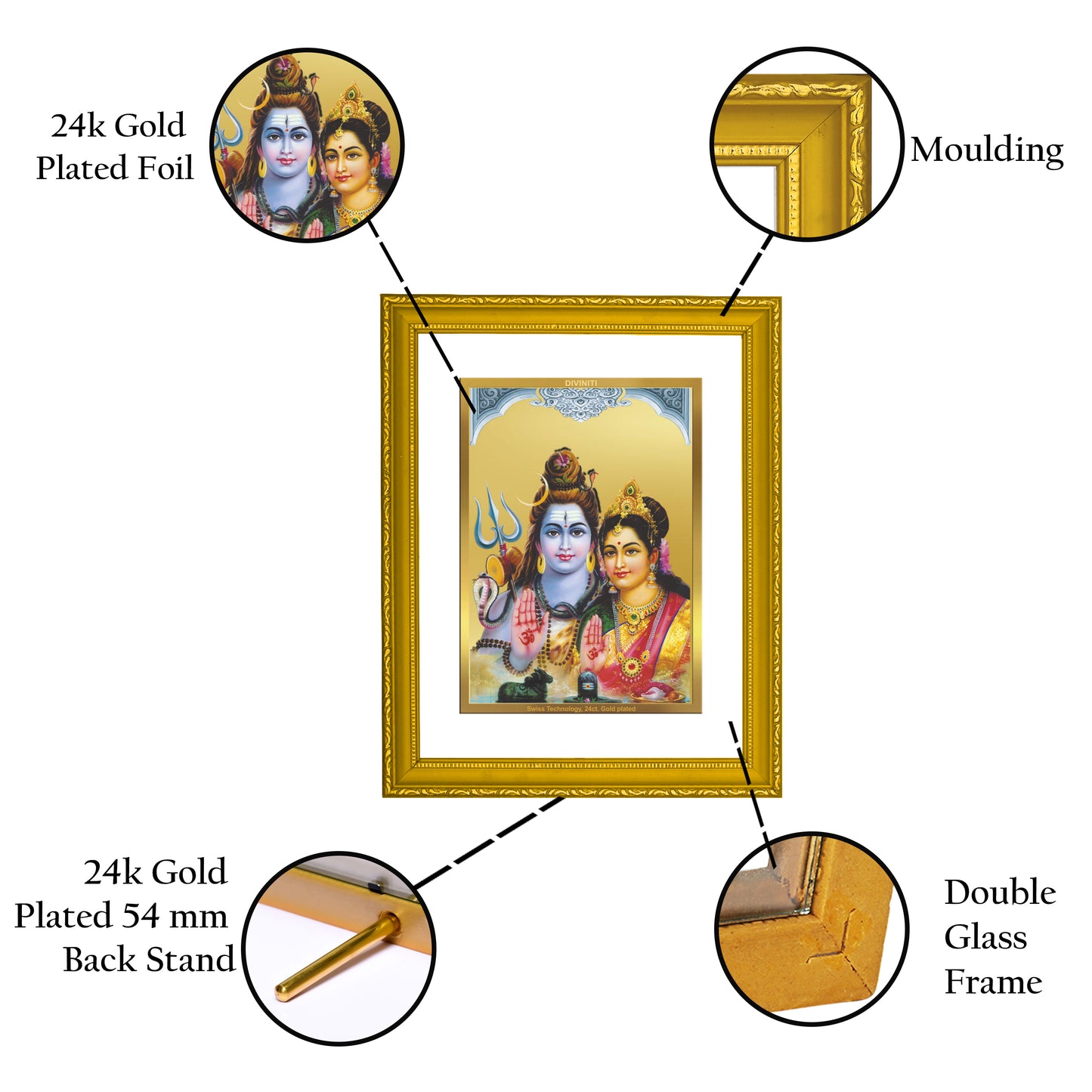 DIVINITI 24K Gold Plated Foil Lord Shiv Parivar Wall Photo Frame Idol for Puja Room, Home Decor, Luxury Gift|DG101 Size 2 (22.6x18.4 CM)