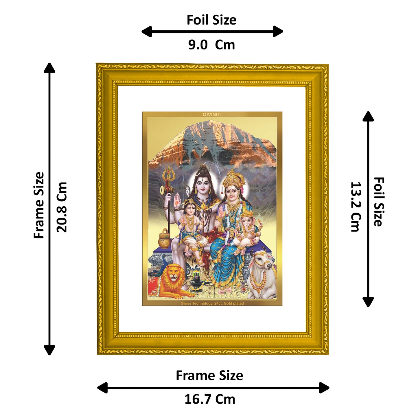 DIVINITI 24K Gold Plated Foil Lord Shiv Parivar Wooden Photo Frame Idol for Puja Room, Home Decor, Wall Hanging, Gift | DG101 Size 2 (22.6x18.4 CM)