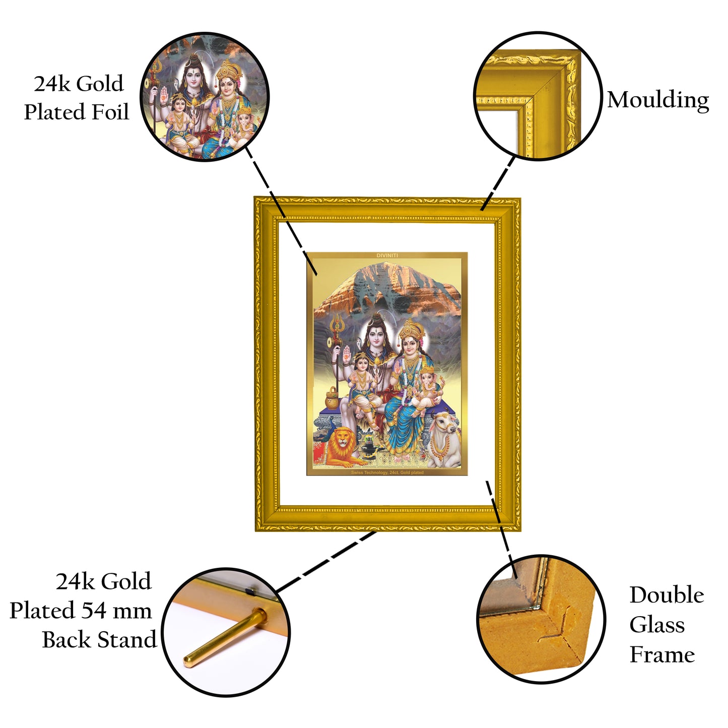 DIVINITI 24K Gold Plated Foil Lord Shiv Parivar Wooden Photo Frame Idol for Puja Room, Home Decor, Wall Hanging, Gift | DG101 Size 2 (22.6x18.4 CM)